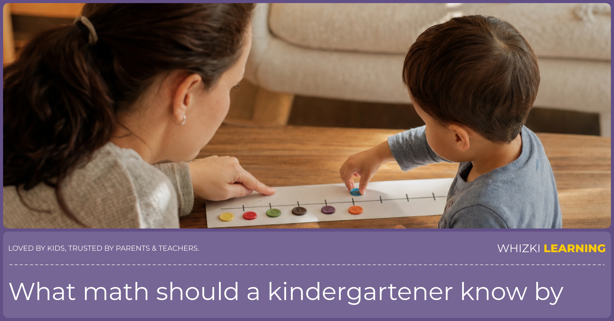 A caregiver and child count buttons beside a paper number line on a living room table.