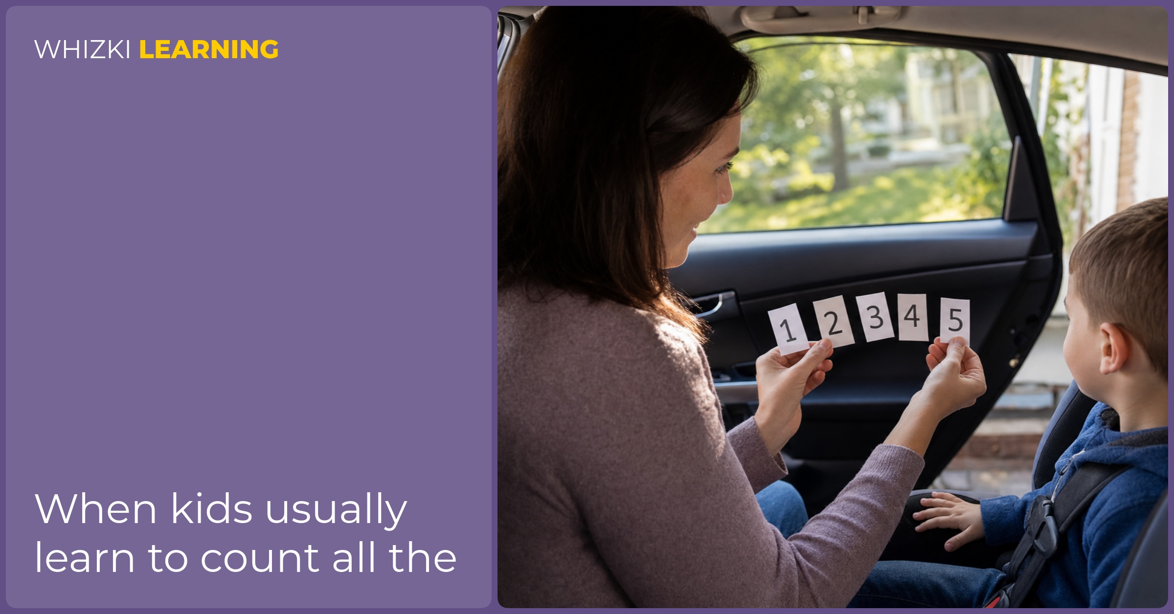 A caregiver and child sit in a parked car and practice counting with small paper number cards.