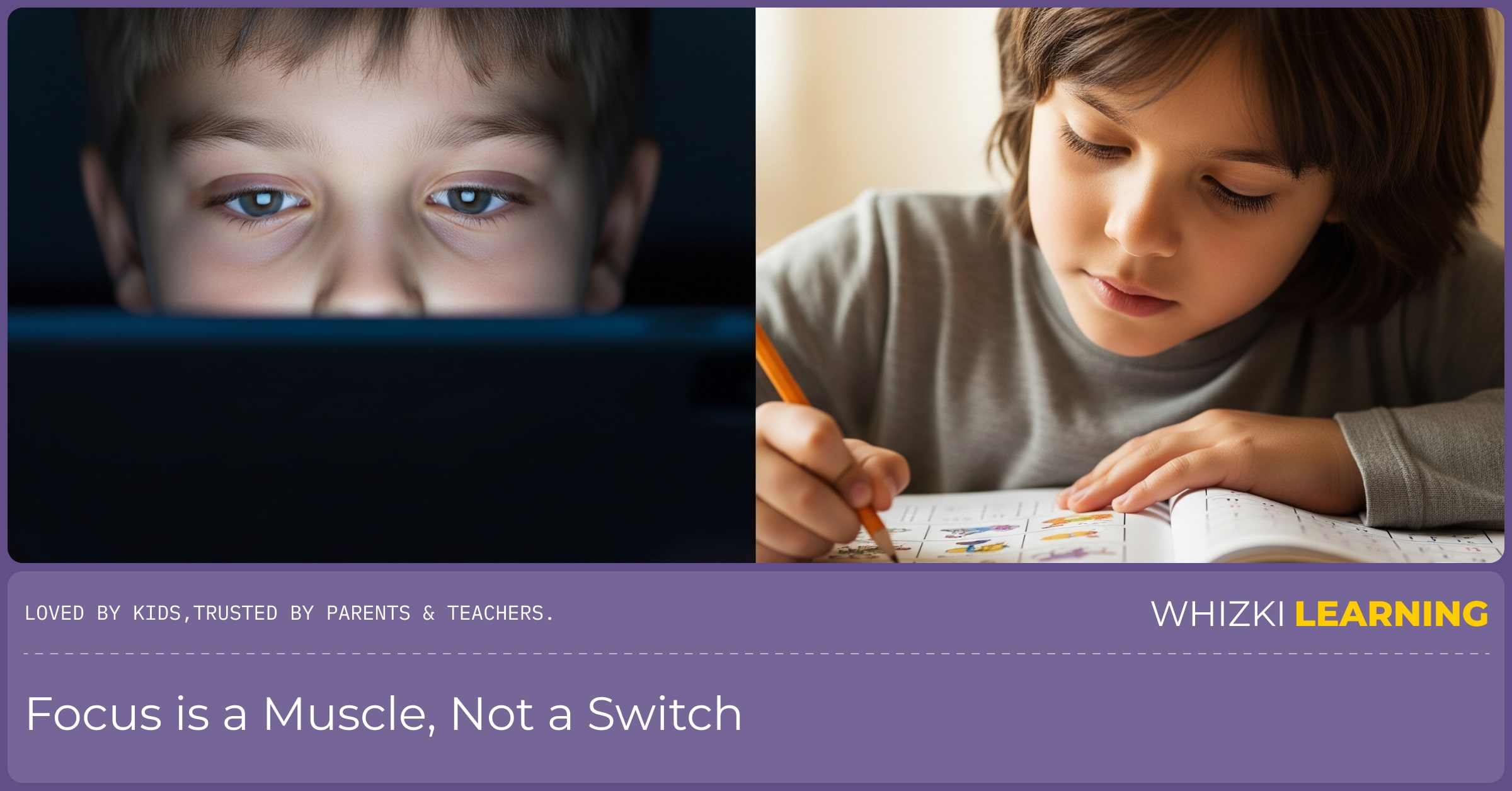 A split image showing a child looking blankly at a screen on one side, and the same child looking happily engaged with a book on the other.