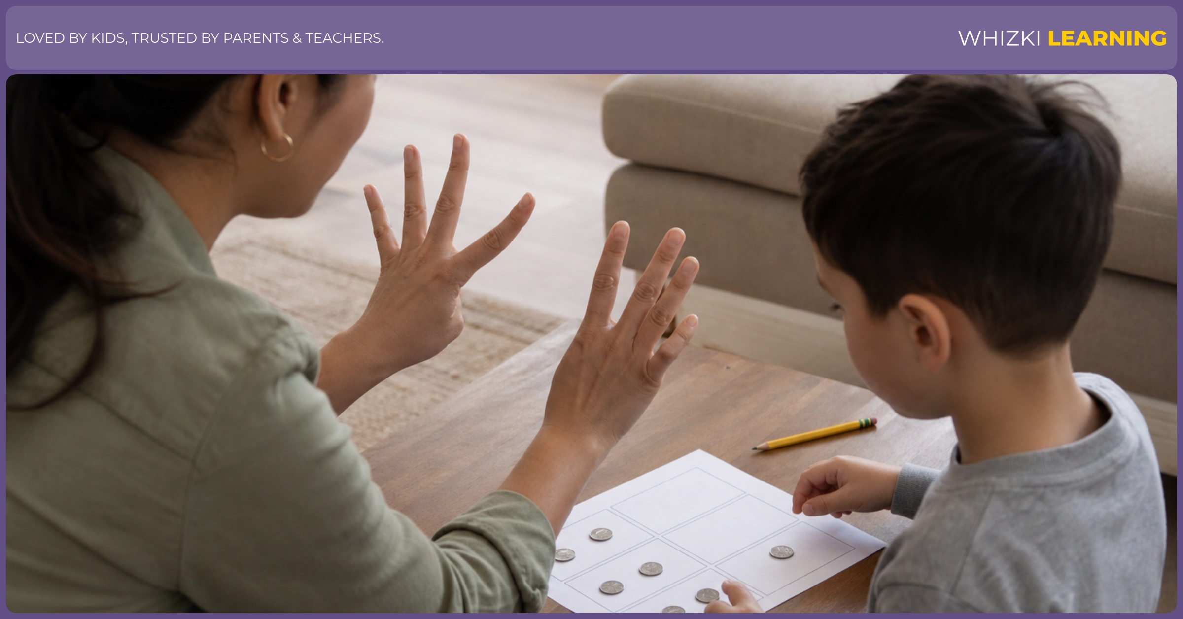 A caregiver and child count dimes together while practicing finger flashes for tens.