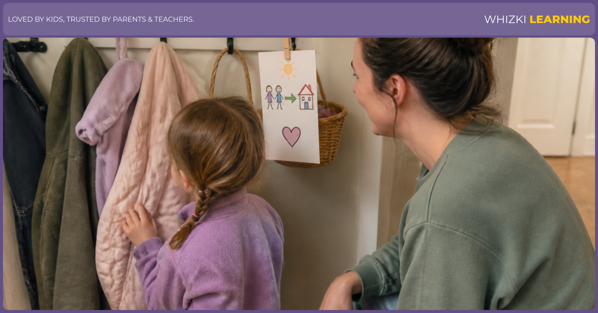 A parent and child practice the coat-and-shoe routine with a small picture cue card near the doorway.