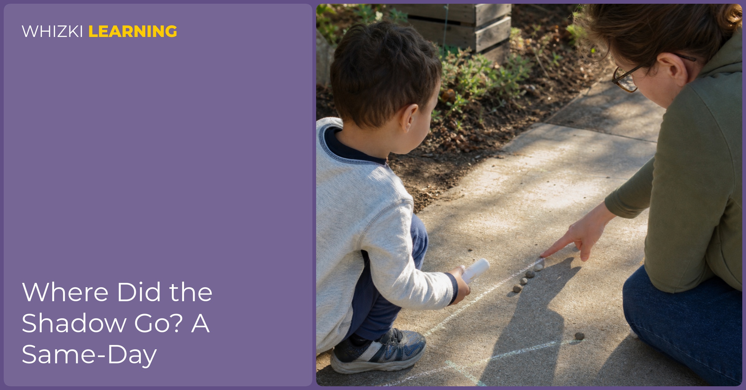 A parent and child trace the shadow of a toy on a sunny sidewalk with chalk.