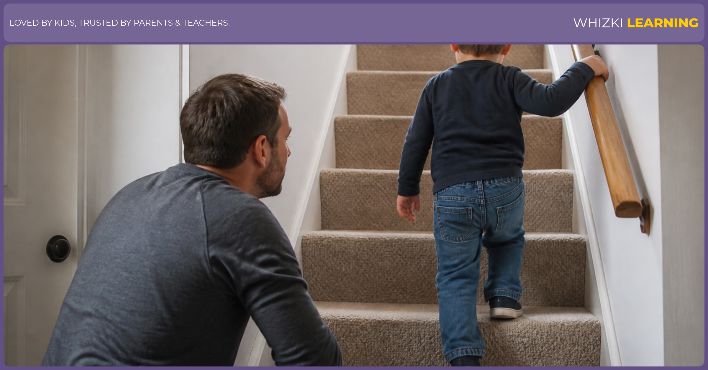 A parent stands close while a child counts carpeted stairs slowly with one hand on the rail.