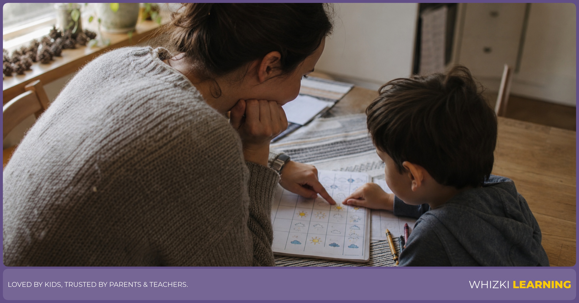 A parent and child compare several days of weather marks on paper at a kitchen table.