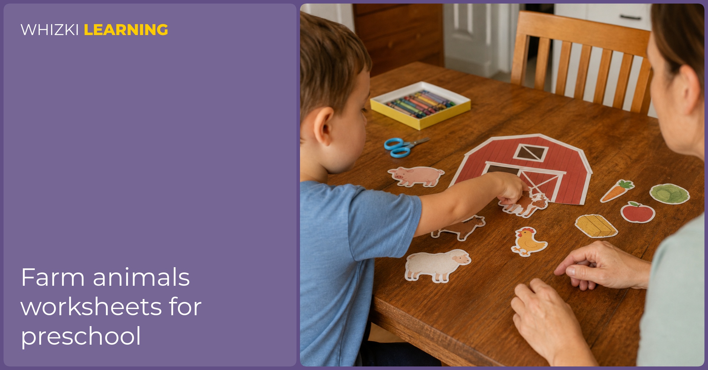 A caregiver and child sort farm animal worksheet pieces together at a kitchen table.