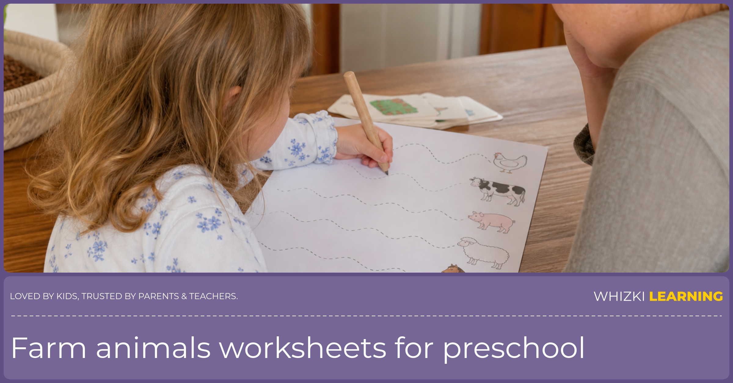 A child traces a farm animal worksheet while an adult sits nearby at the kitchen table.