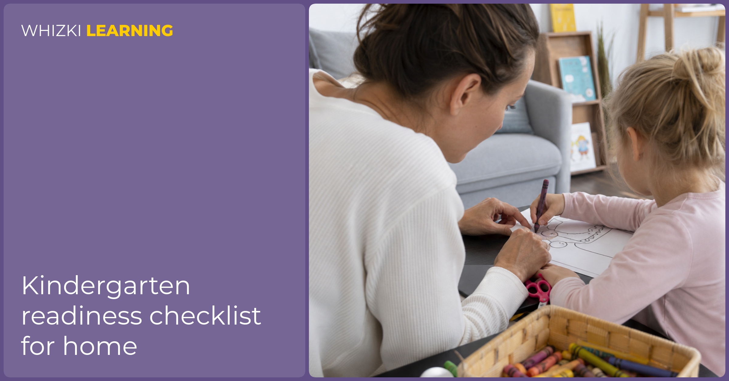 A caregiver helps a young child practice cutting and coloring a simple printable at a living-room table.