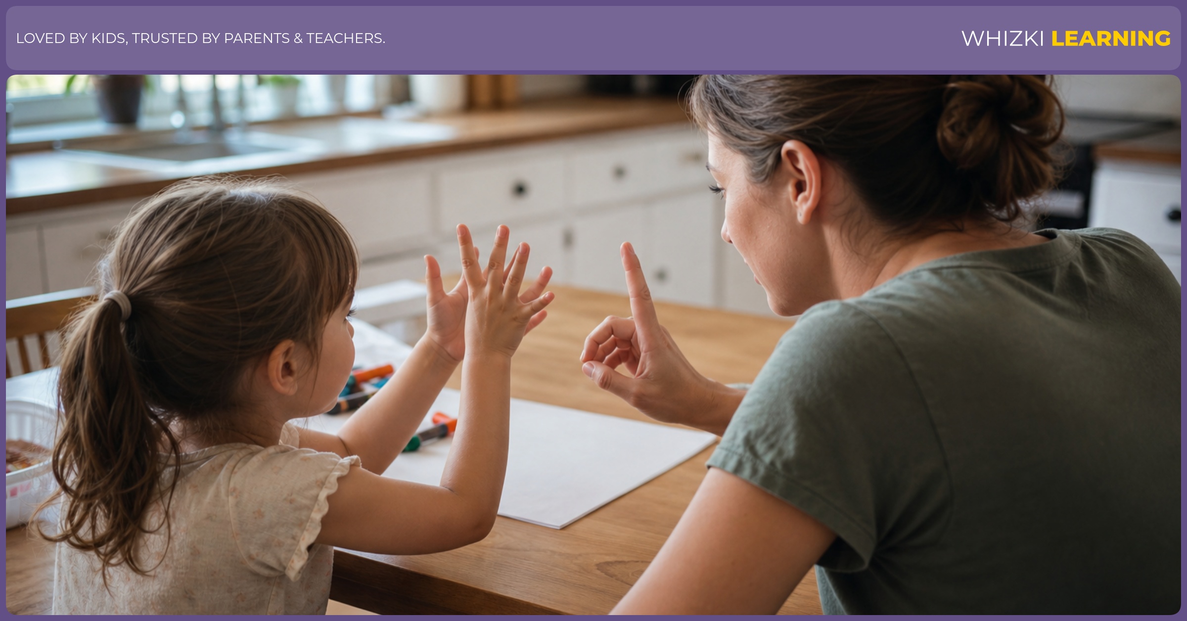 A caregiver helps a child show seven with two hands as a finger number bond at the table.