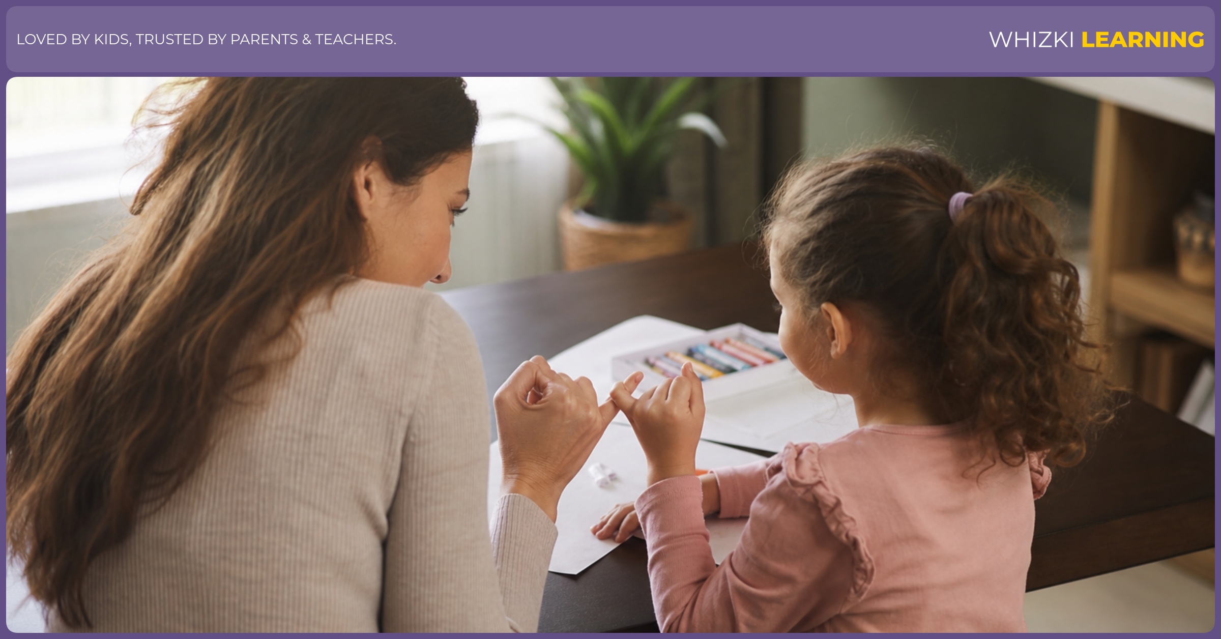 A caregiver and child use both hands at the table to show a finger-bond for making 9.