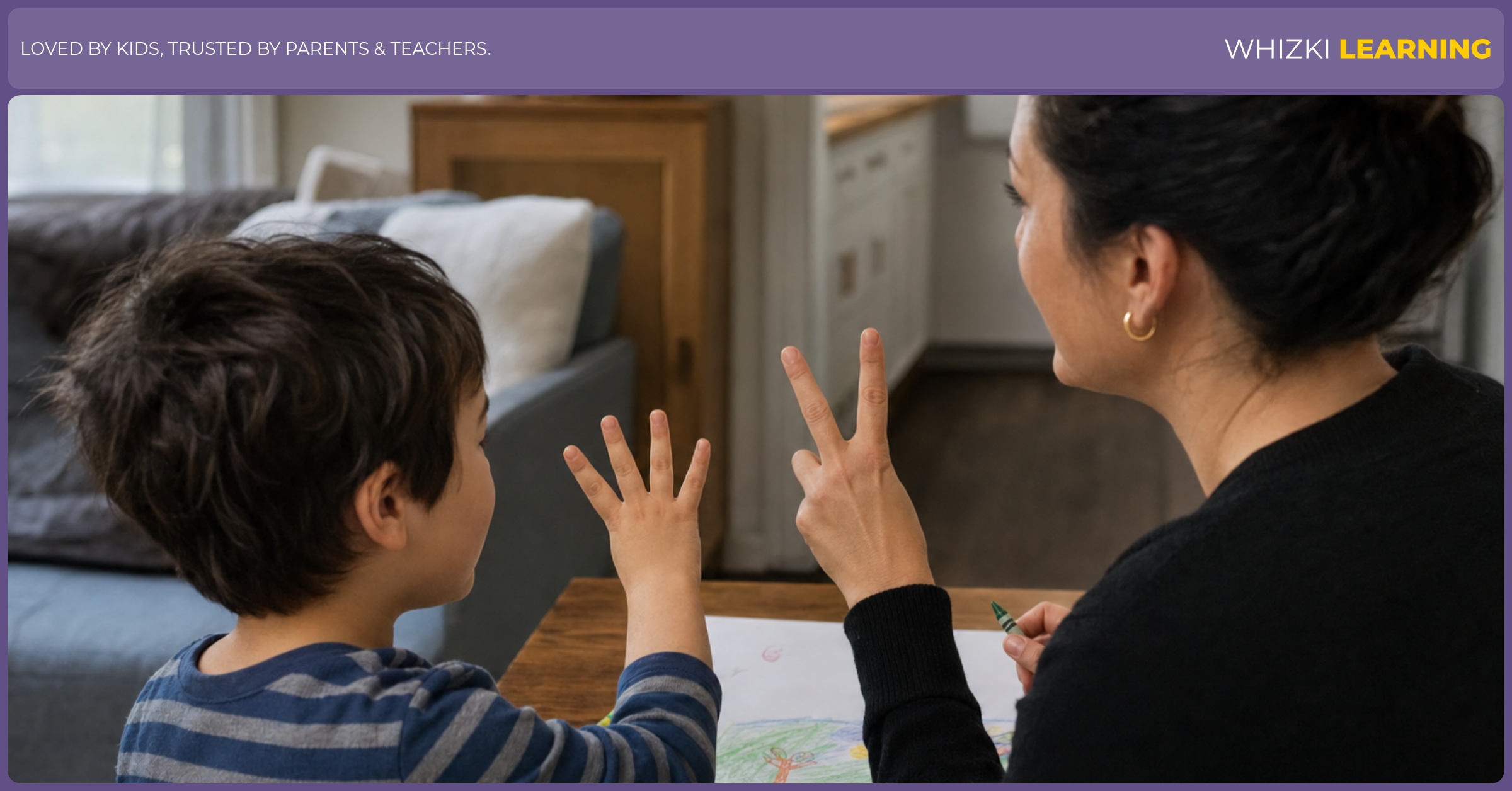 A parent and child use their fingers to show two groups that add up to five.
