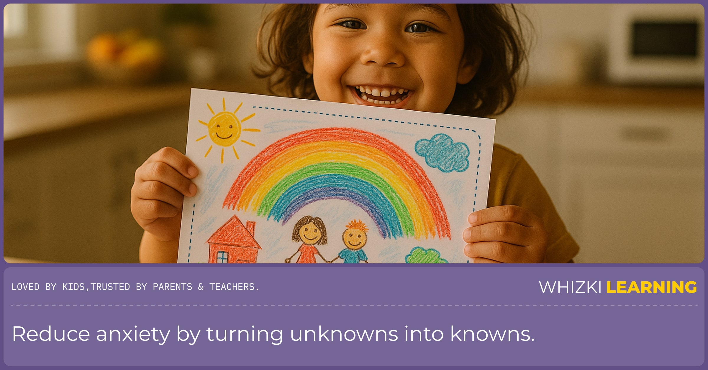 A young boy with a proud smile holds up a workbook page filled with his colorful drawings, looking ready and confident.