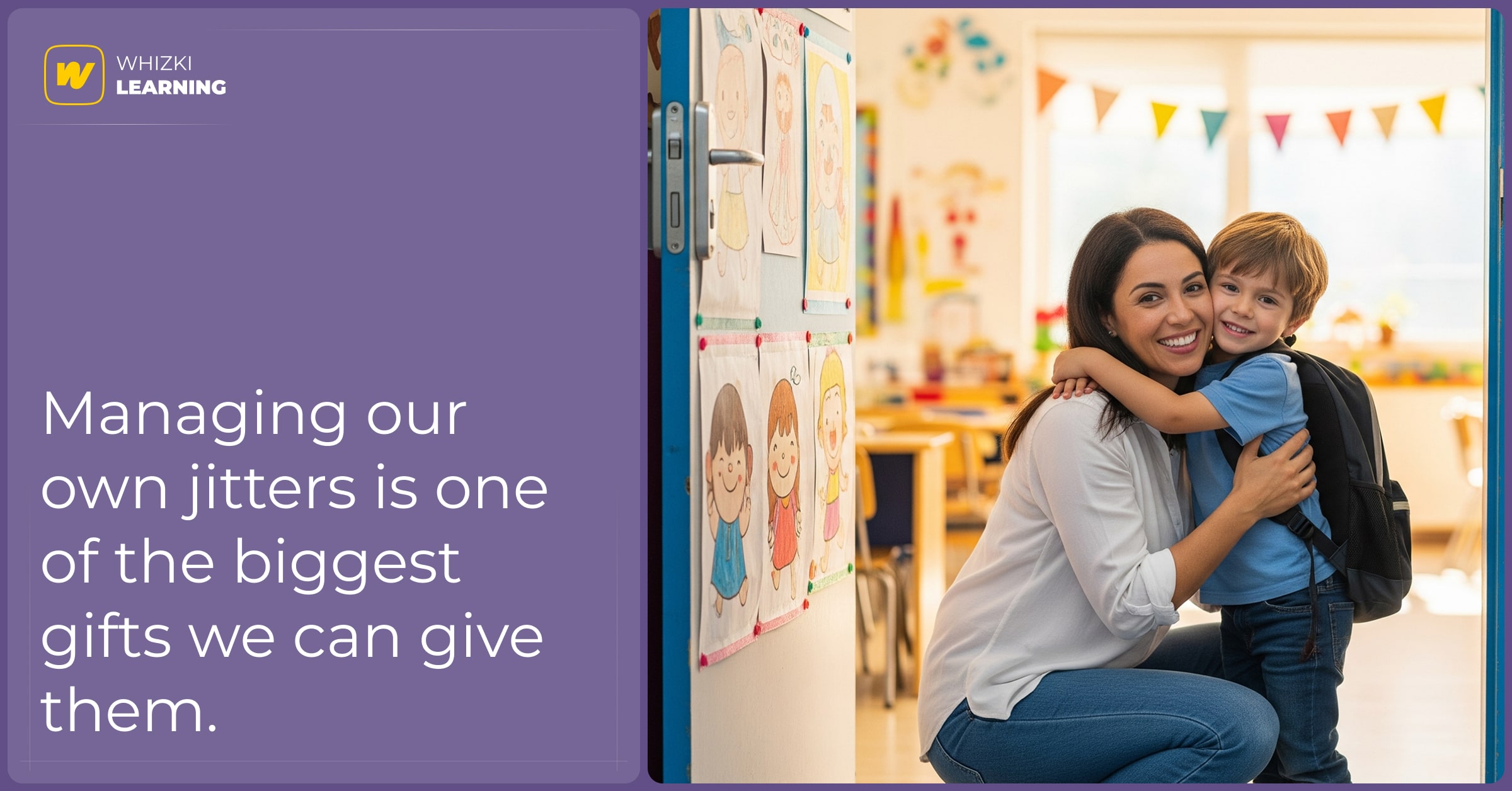 A mother kneels to give her son, who is wearing a backpack, a loving and confident hug at the entrance to his classroom.
