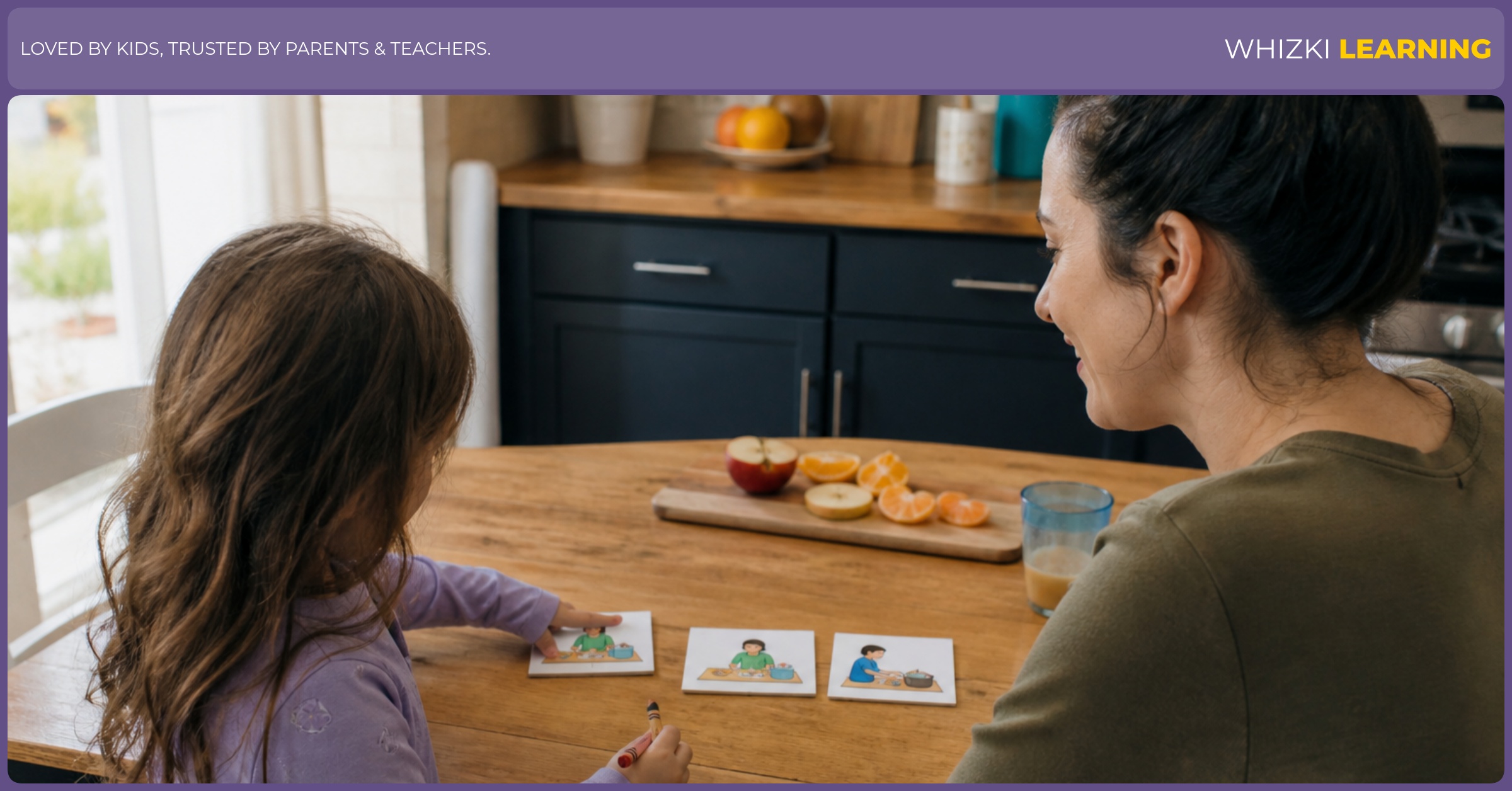 A caregiver and child arrange paper sequencing cards beside a snack on a sunny table.