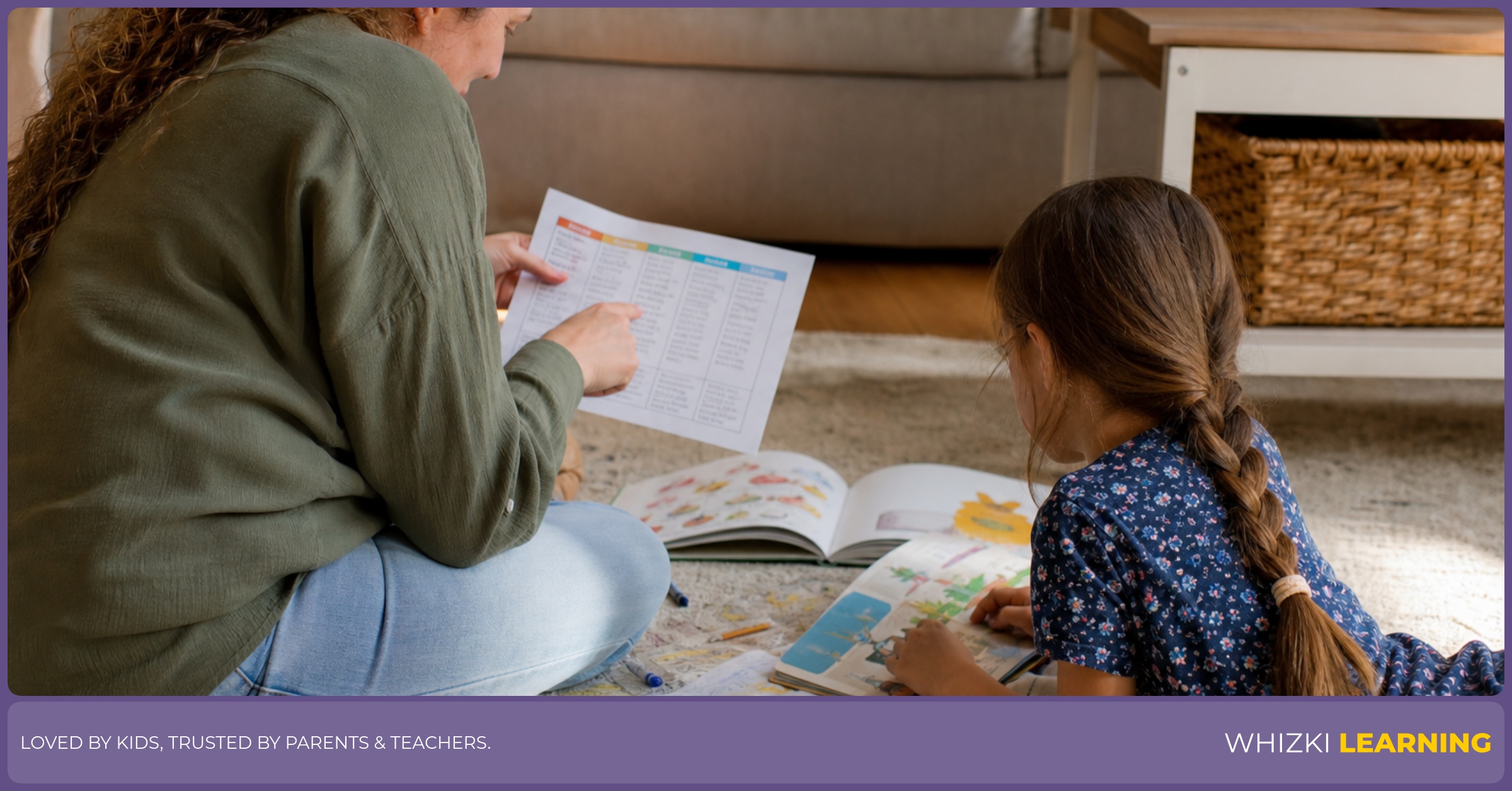 A caregiver reviews a five-day homeschool log while a young child looks at picture books and crayons nearby.