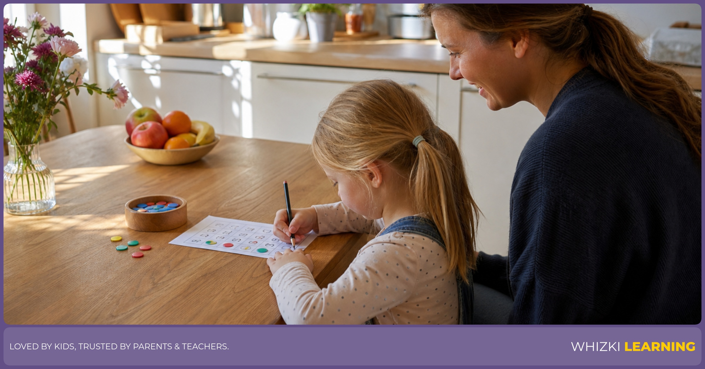 A caregiver watches a kindergarten child use a pencil and small counters for a five-minute learning choice at a sunny breakfast table.