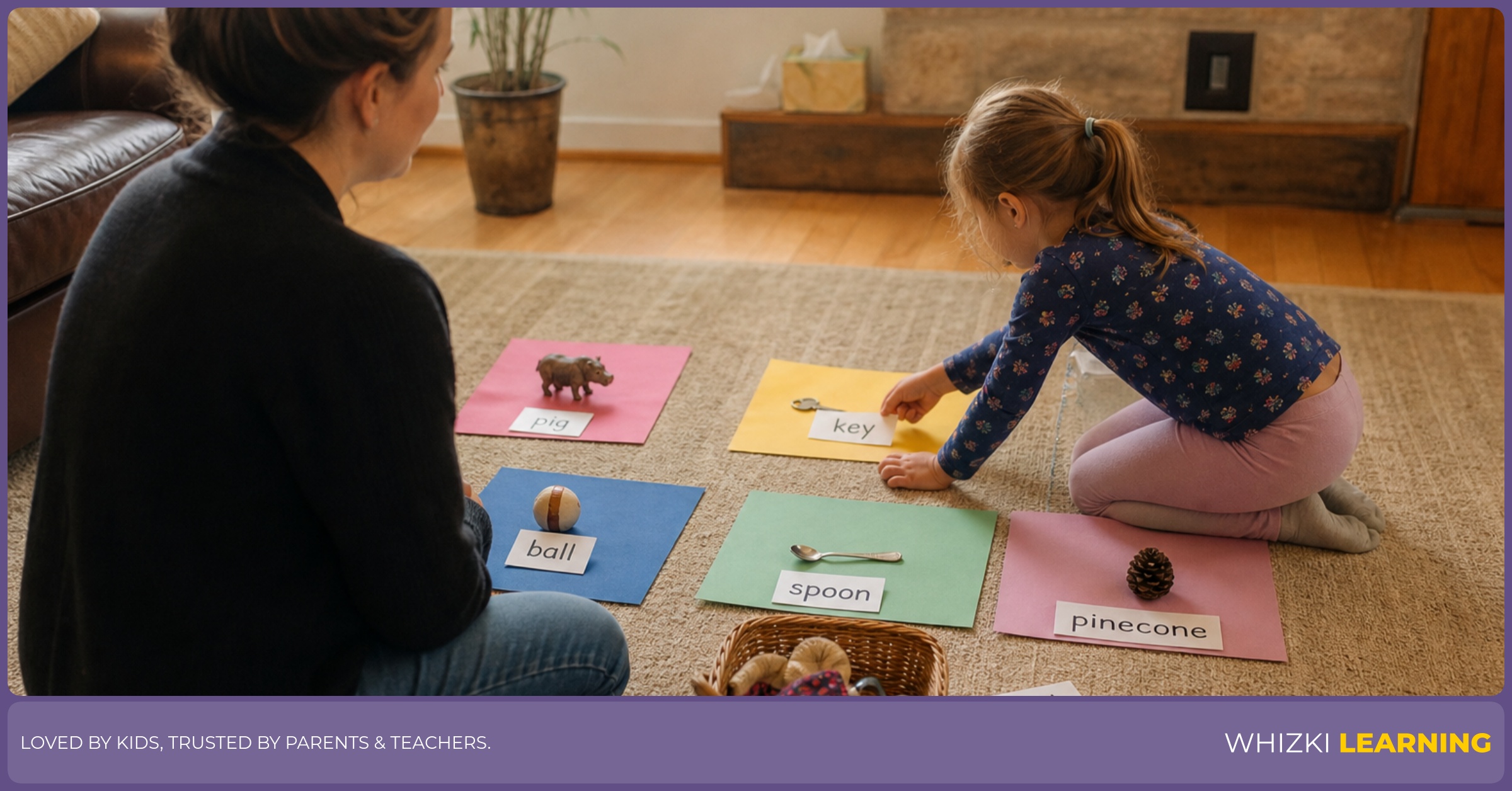A caregiver and child sort short vowel word cards onto paper mats in a calm living room.