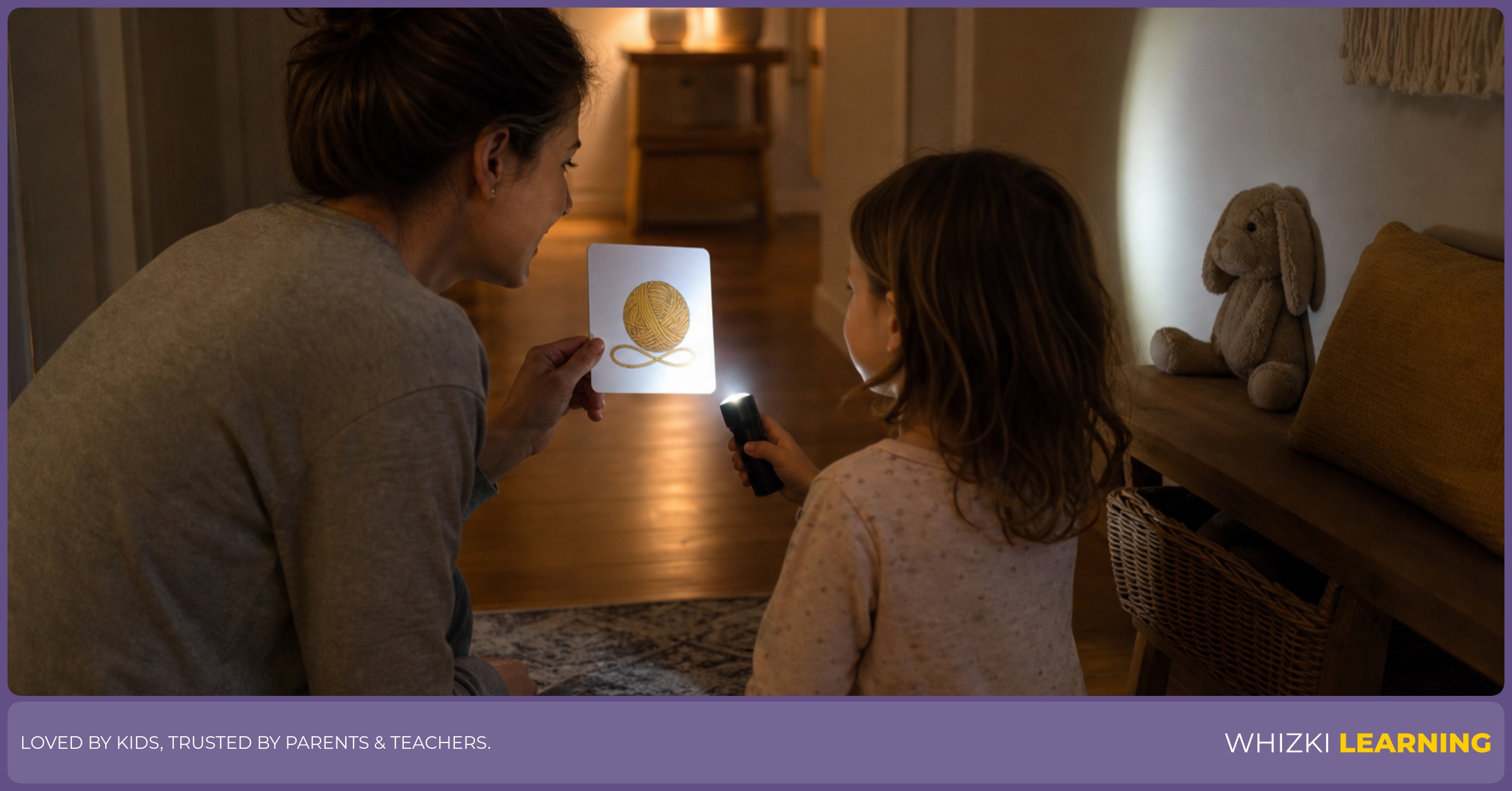 A parent and child use a flashlight to spot objects that start with Y around the hallway at bedtime, with calm focus and warm lighting