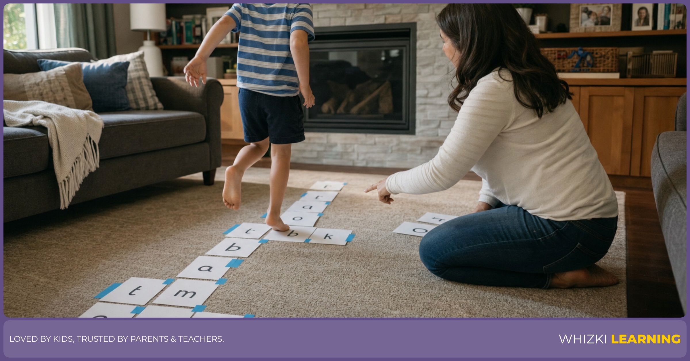 A caregiver and child play a short O word hop game on a living-room floor.