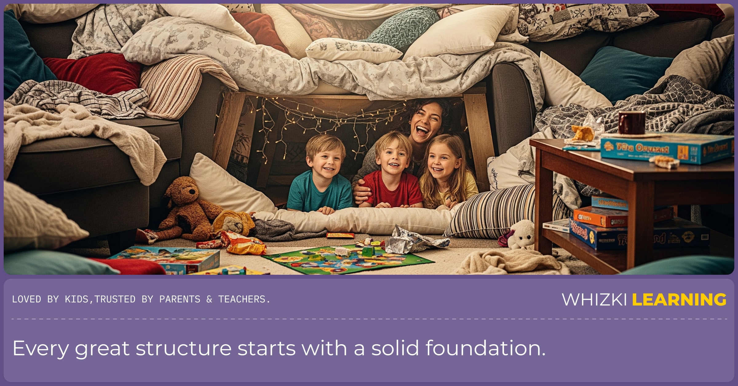 A young boy carefully places a large couch cushion on the floor, creating the foundation for a pillow fort in his living room.