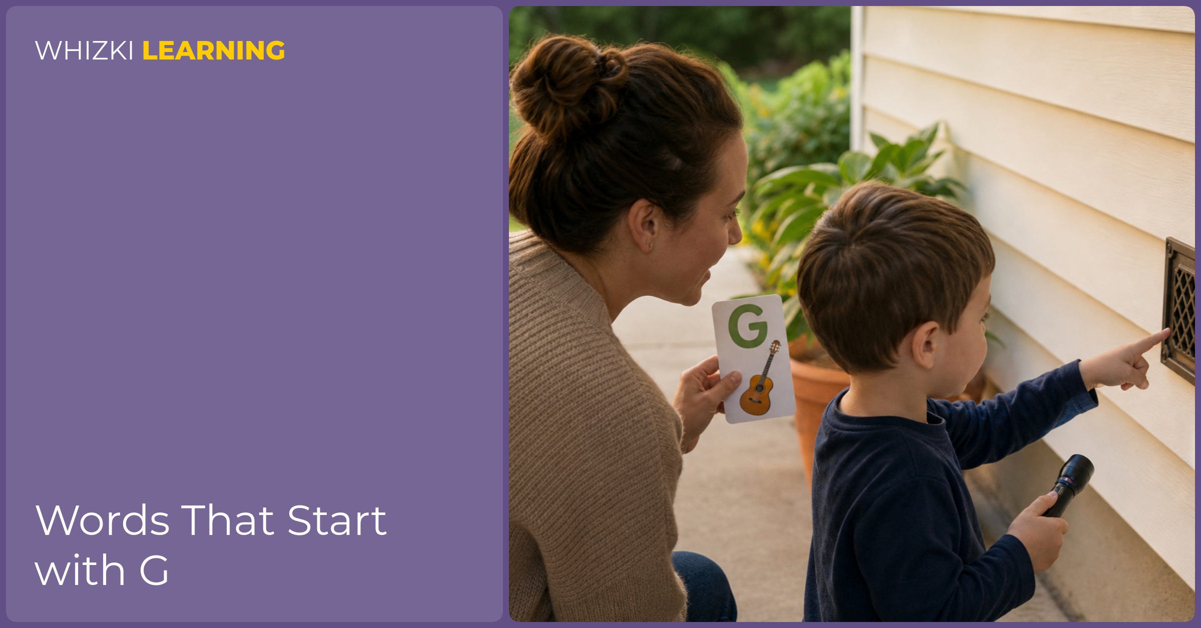 A parent and child walk and point at everyday objects while practicing G words, warm natural light, calm focus, all printed letters turned toward the child