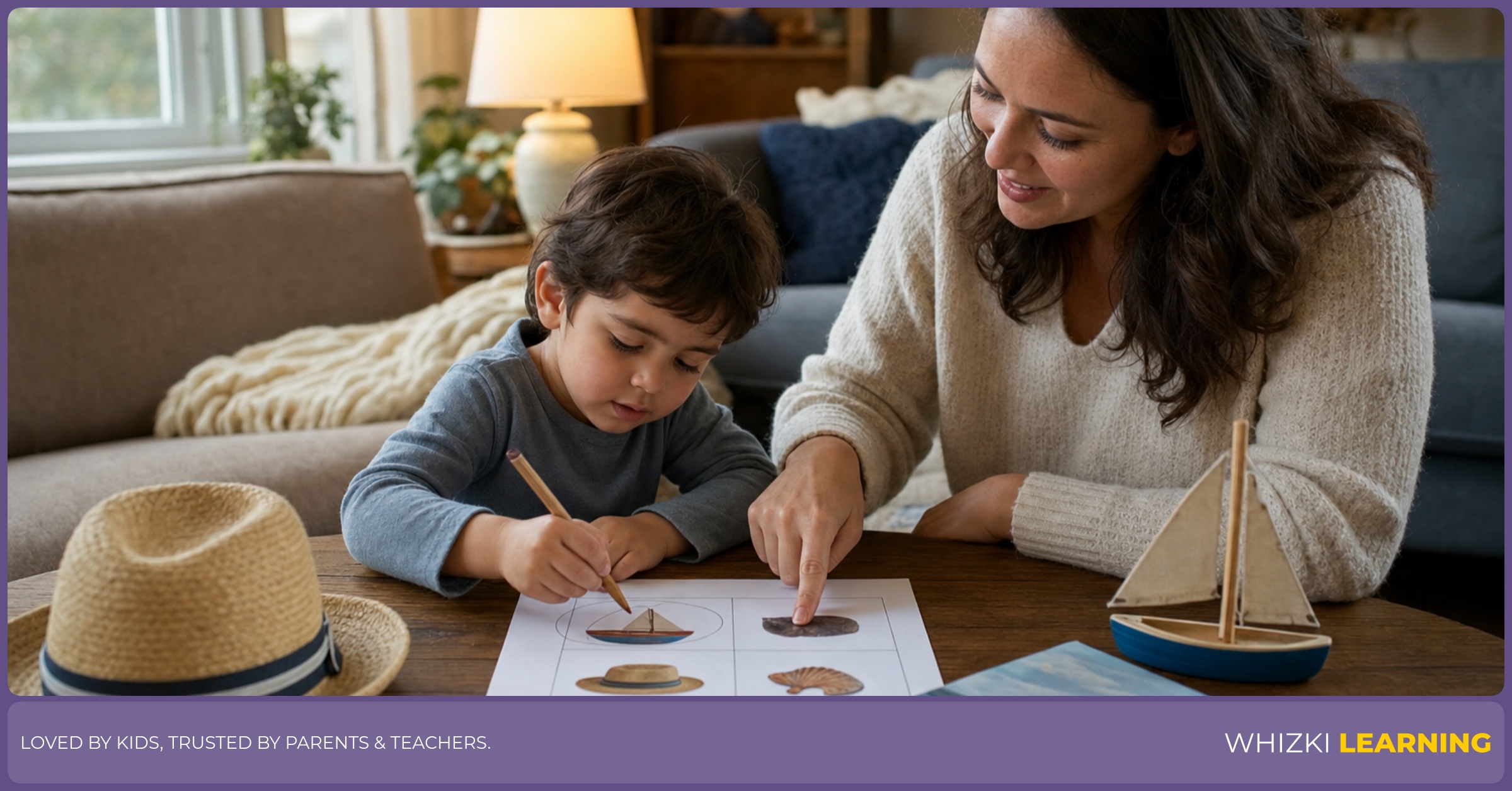 A parent and child sit at a low table, touching a hat and book while practicing H words on paper with a pencil.