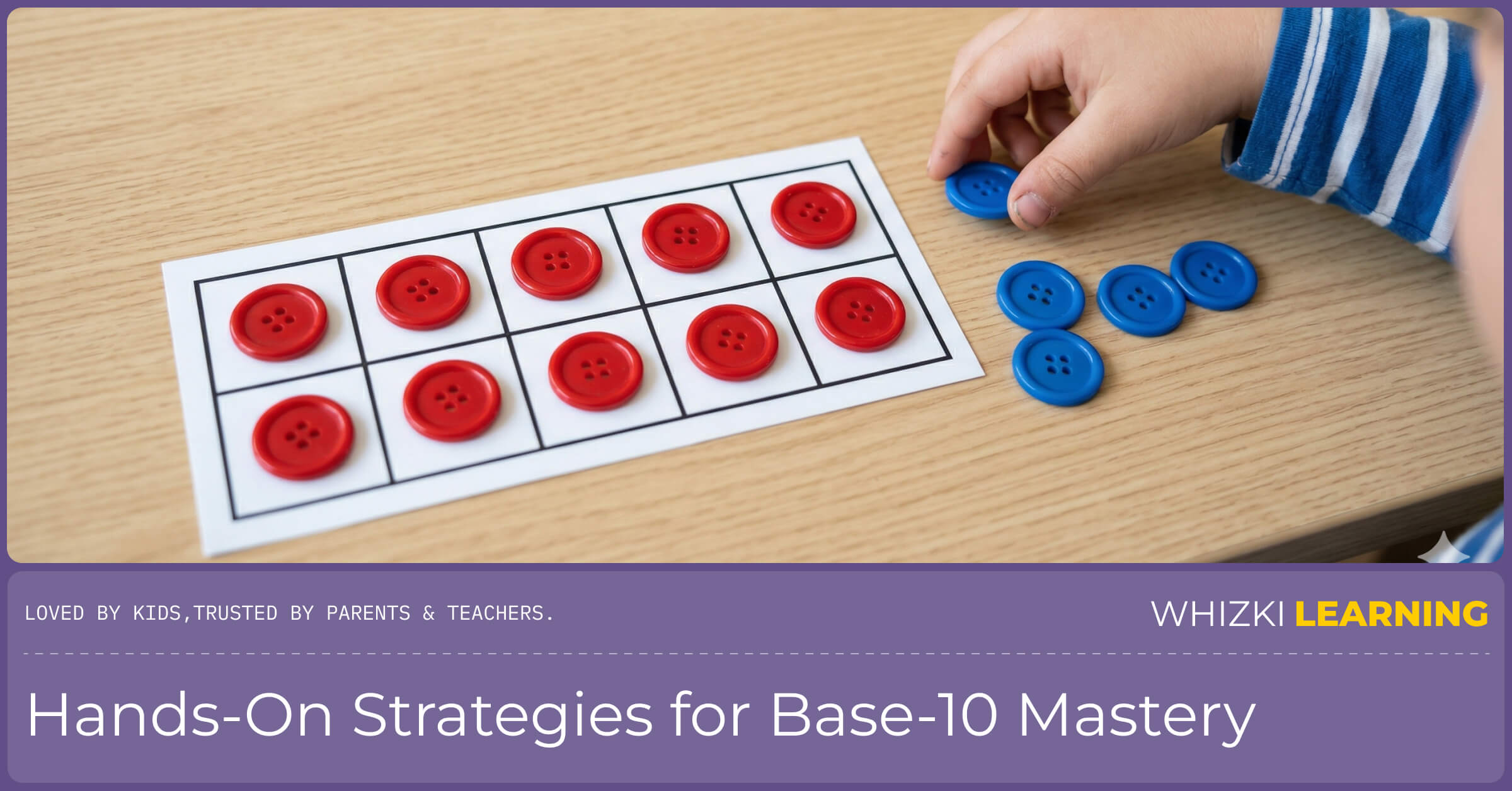 A close-up of a child's hand placing a blue button next to a full ten-frame, learning the number 14 without screens.