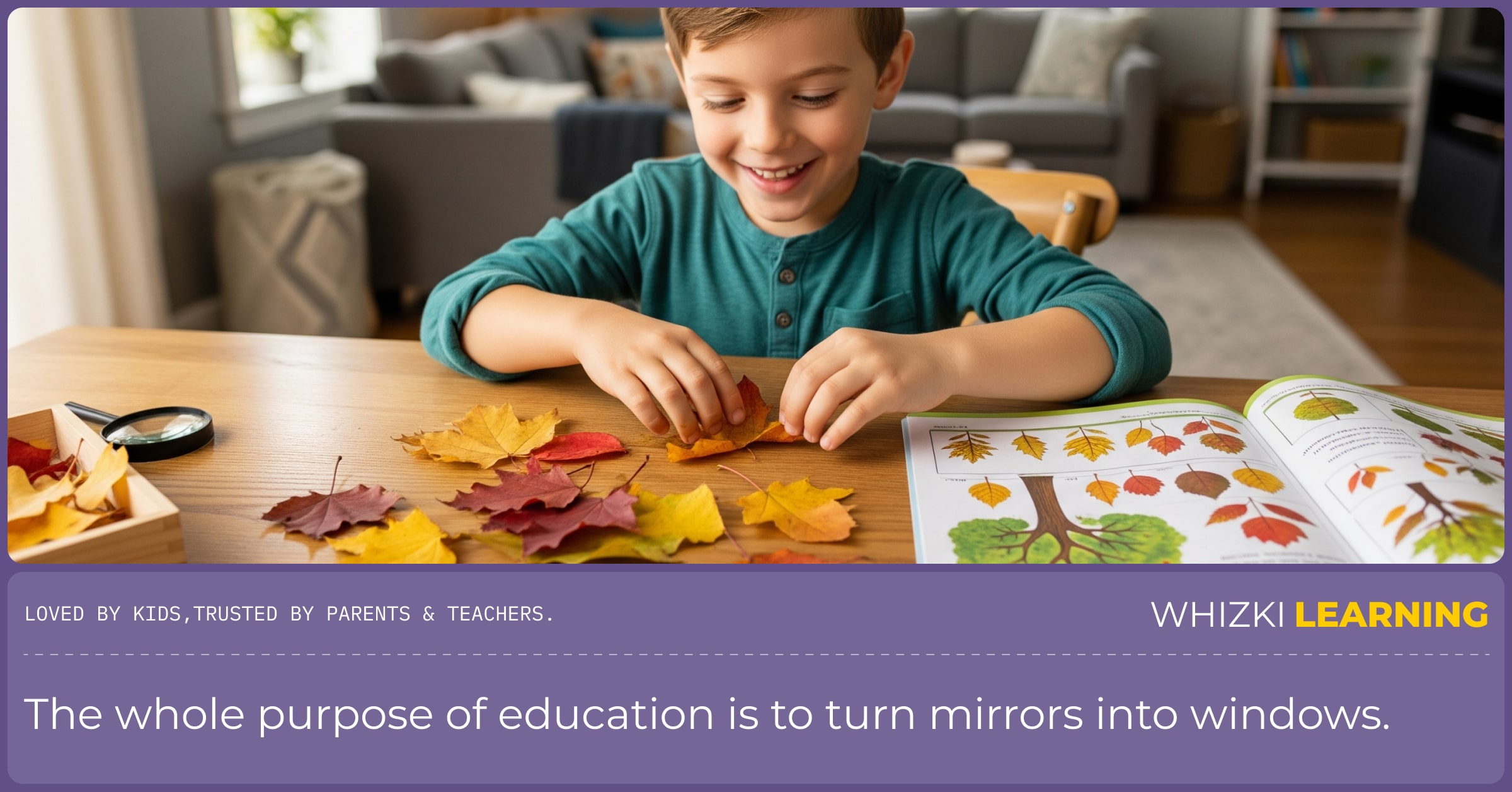 A child's hands are shown sorting colorful autumn leaves by shape on a wooden table, with an open workbook nearby.