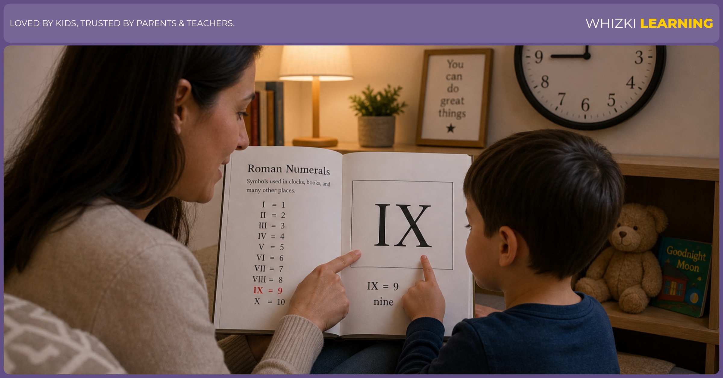 A calm evening scene where a child spots Roman numeral IX in a book while a parent points to a clock showing nine o'clock