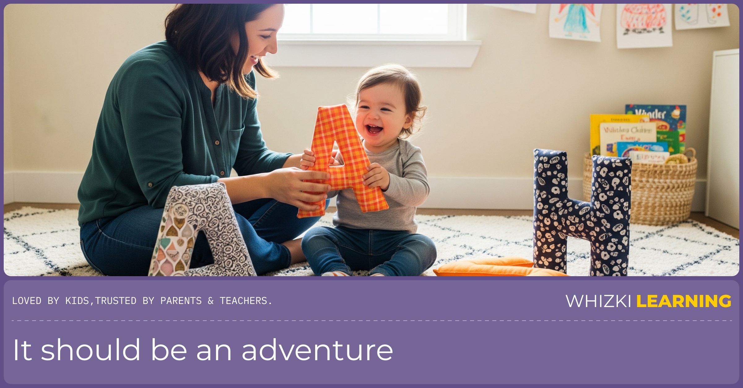 A mother and her young son are sitting on a cozy rug, laughing as they play with large, colorful letters of the alphabet.