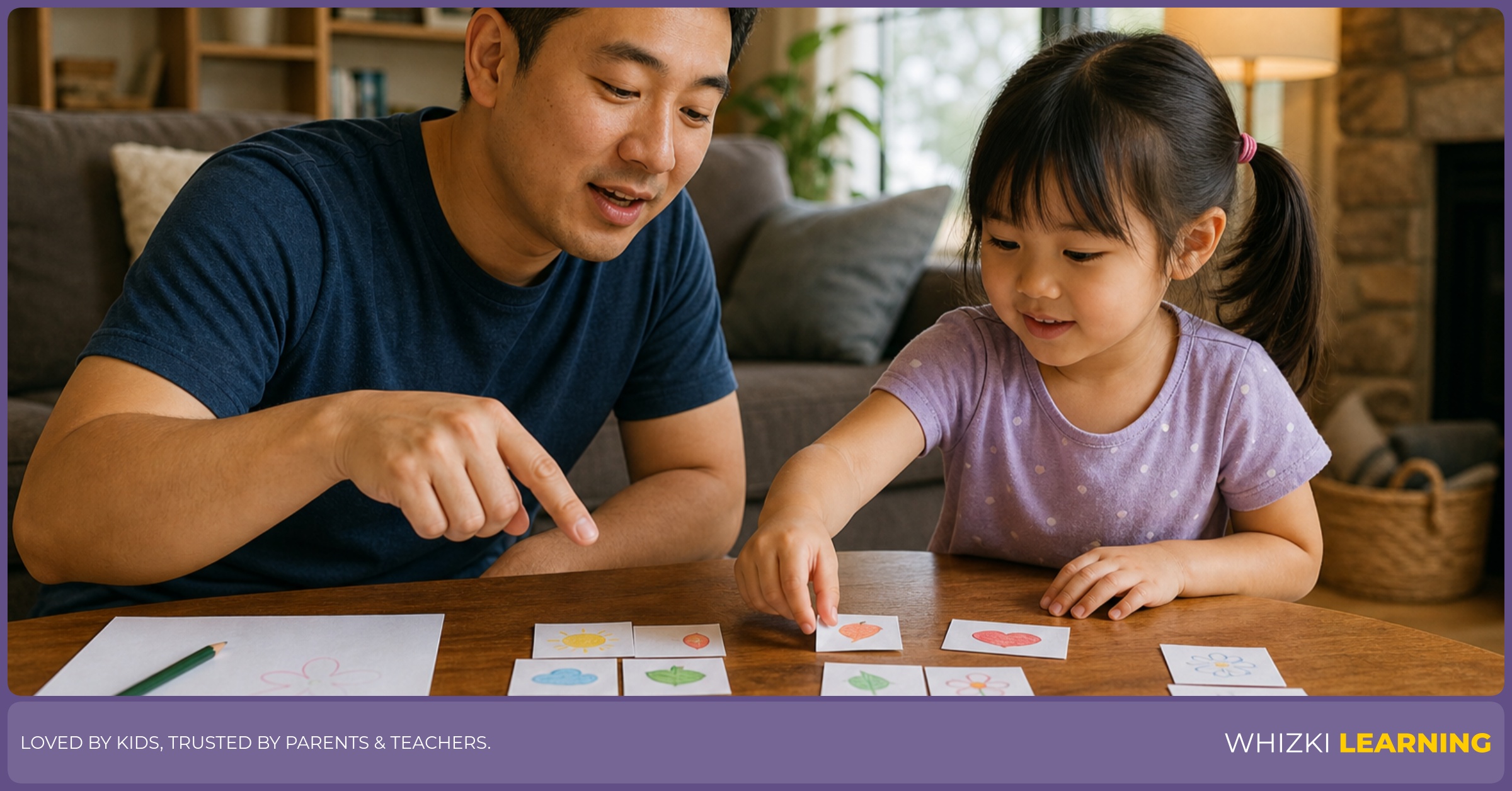 A parent and child use crayons and paper cards to sort K adjectives into feeling, look-and-size, and personality piles, with calm focus and warm home lighting, screen-free.