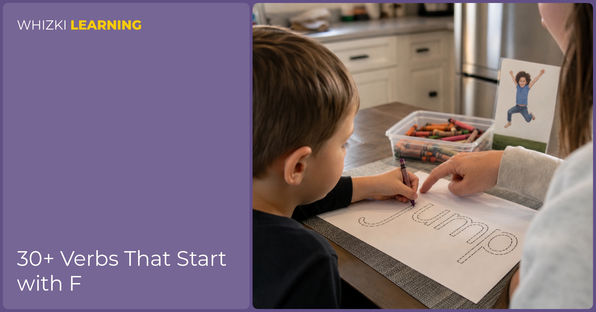 A child traces an F verb page at a kitchen table while a caregiver points gently beside the paper.