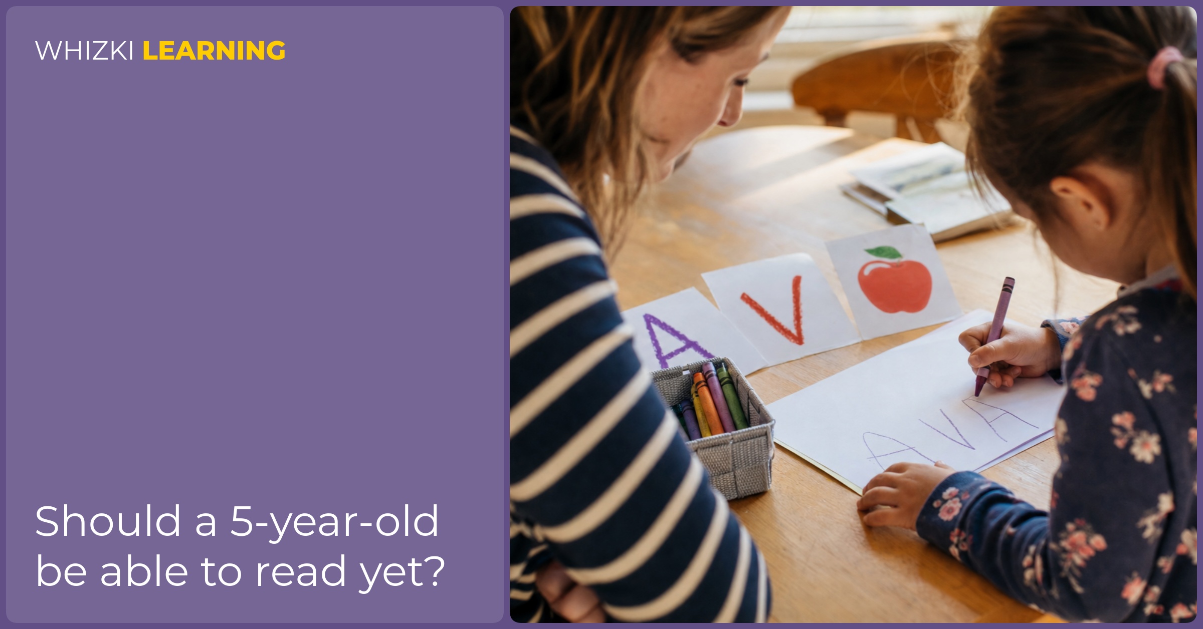 A caregiver sits beside a kindergarten child who is writing a name with crayons and paper letter cards.