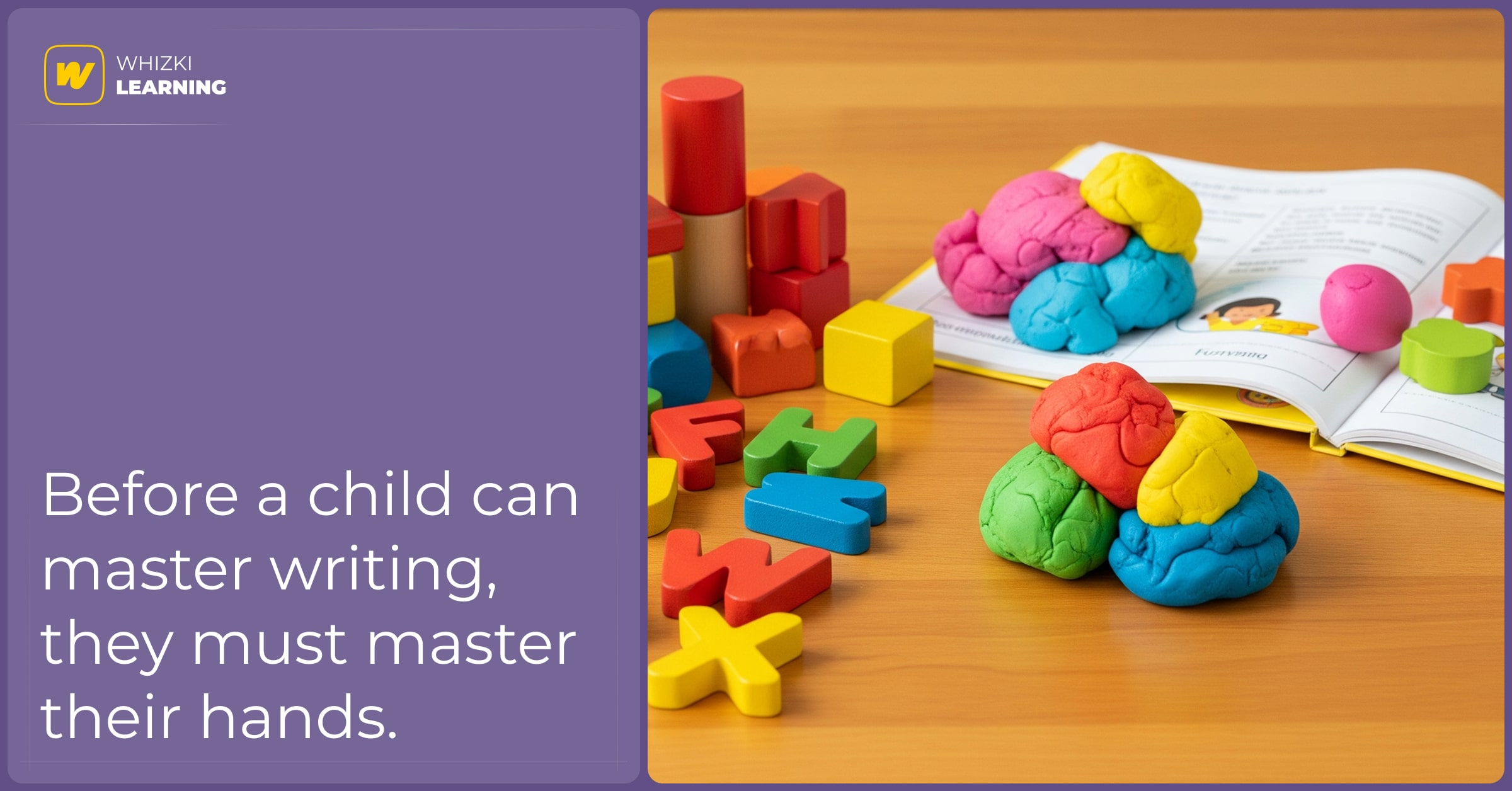 A colorful flat-lay of hands-on learning tools like wooden blocks, letters, and an open activity book, ready for play.