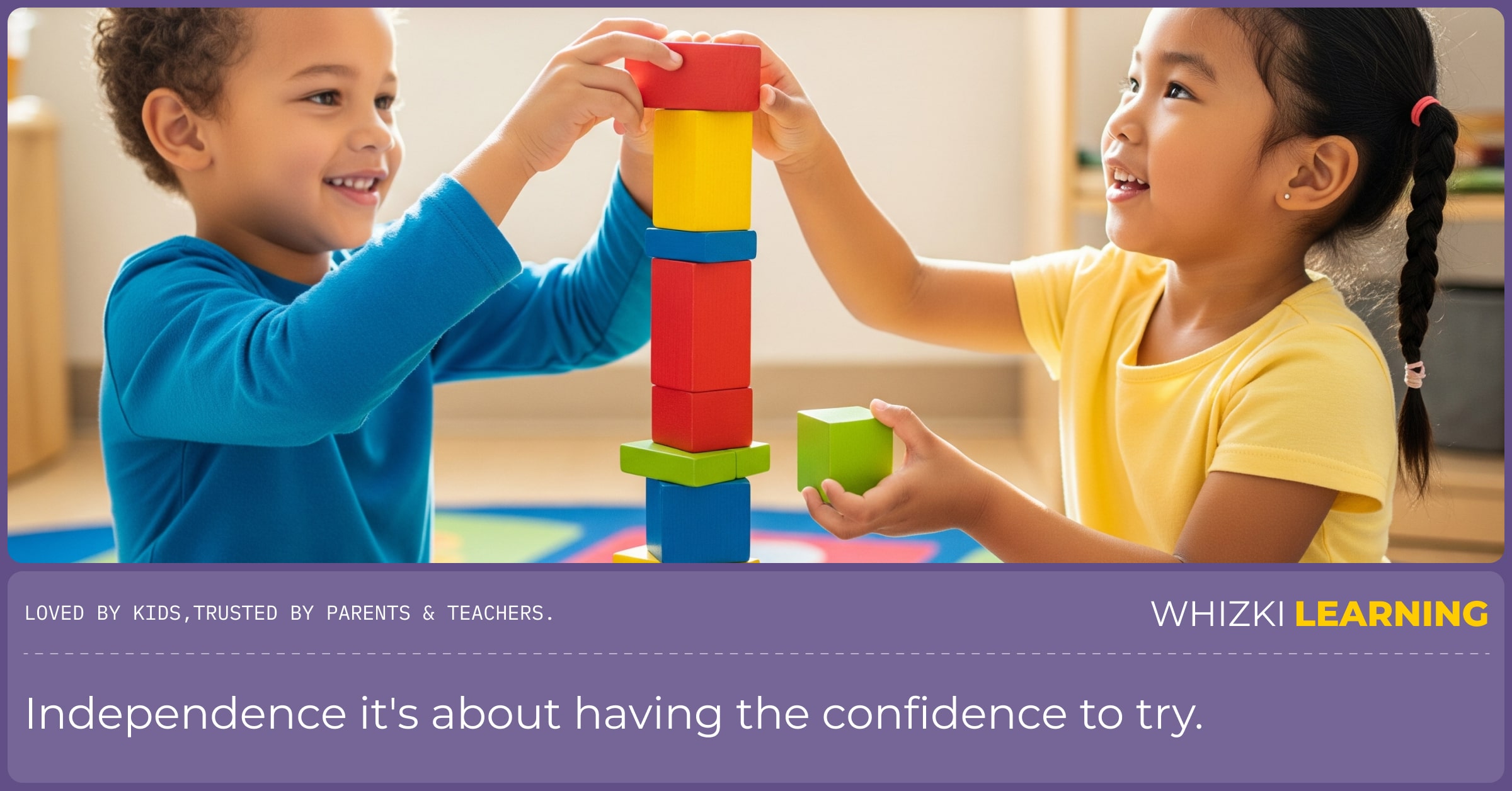 Two happy preschoolers, a boy and a girl, are successfully cooperating to place the final block on a tall tower they built together.