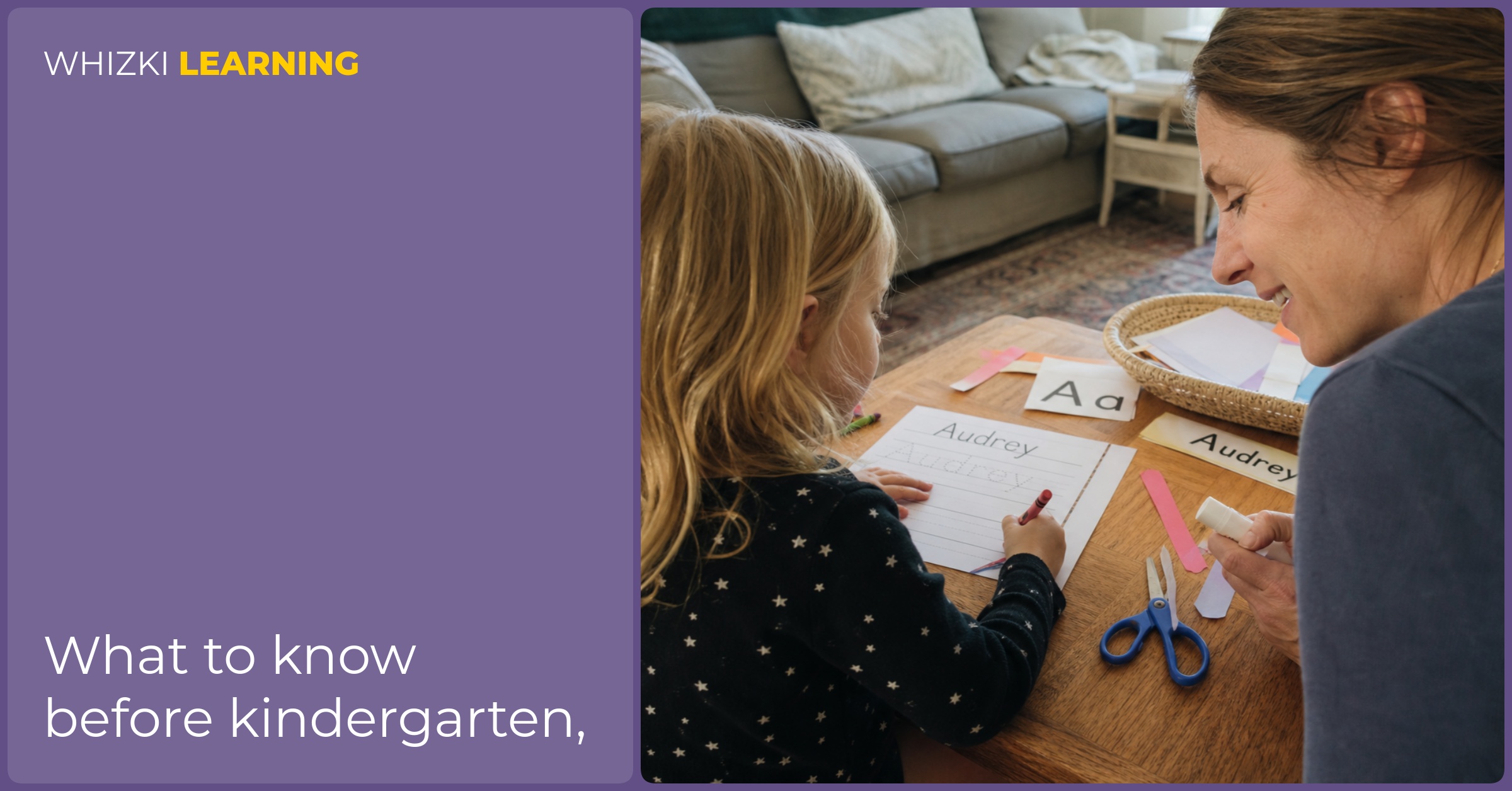 A caregiver sits beside a child who is cutting paper strips and working on a name practice page with crayons nearby.