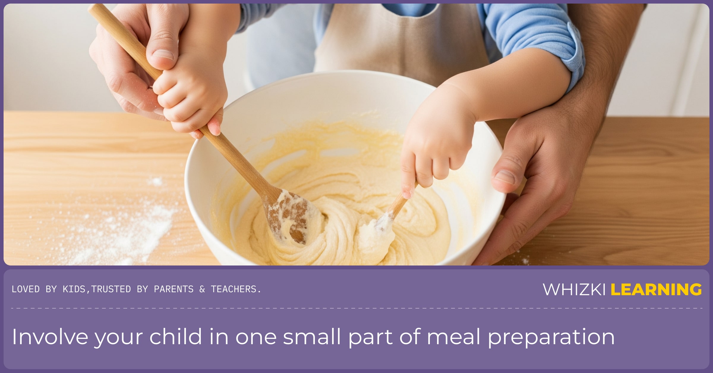 A parent's hands and a child's hands seen from above, joyfully stirring pancake batter together in a white bowl.