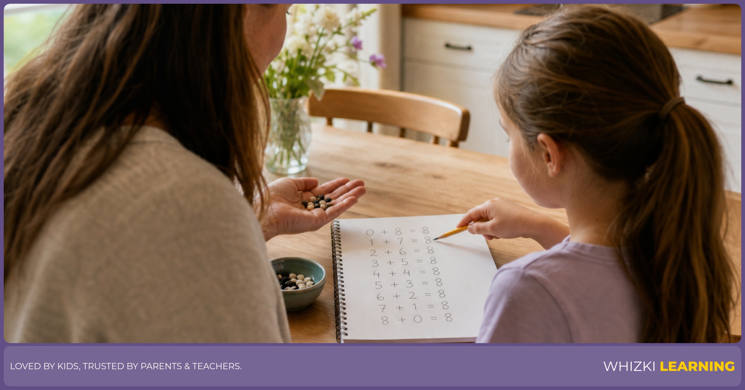 A parent and child write simple number equations for making eight on paper while pointing to small objects