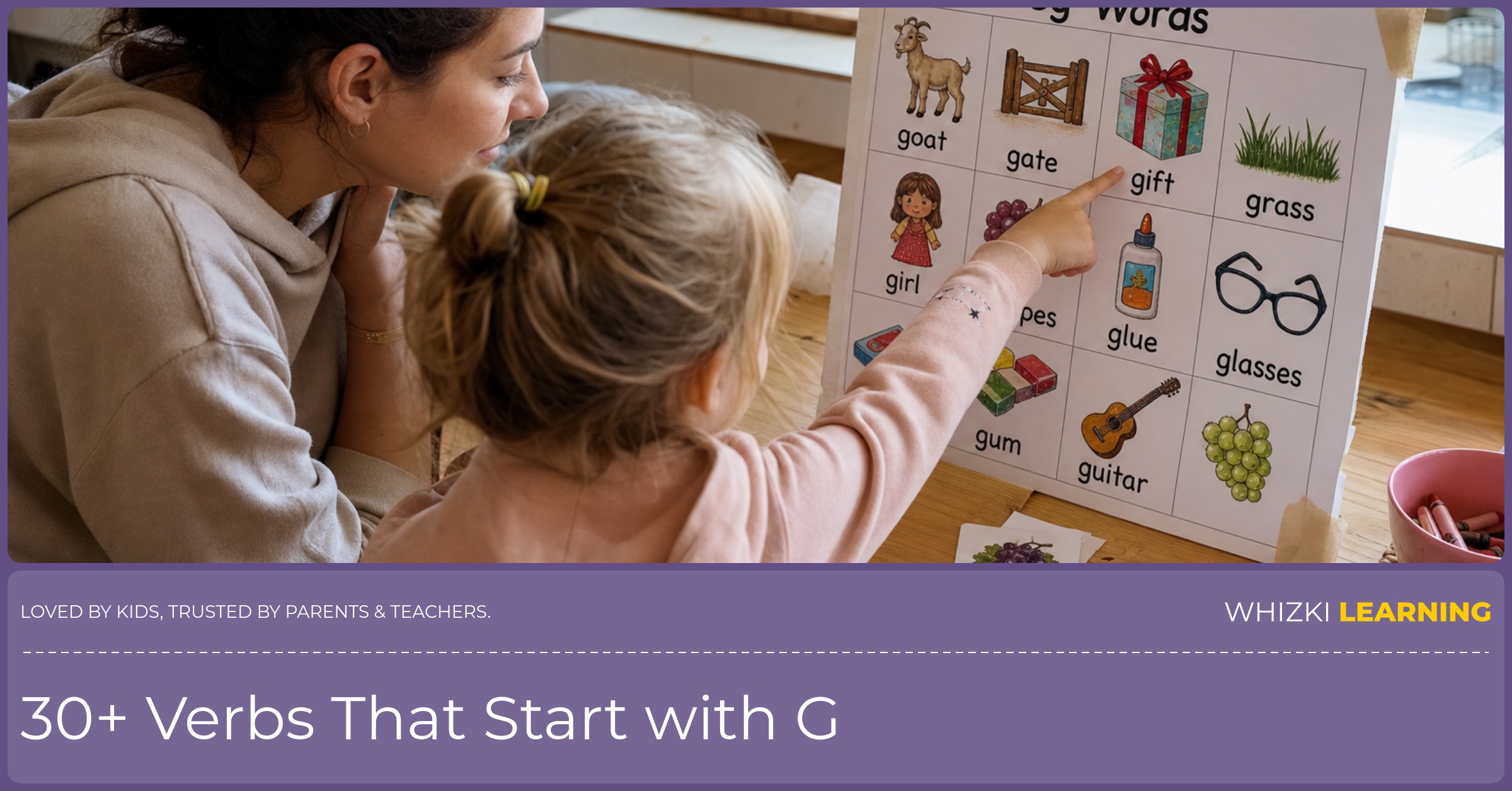 A caregiver and child use a taped G verb printable at the kitchen table.