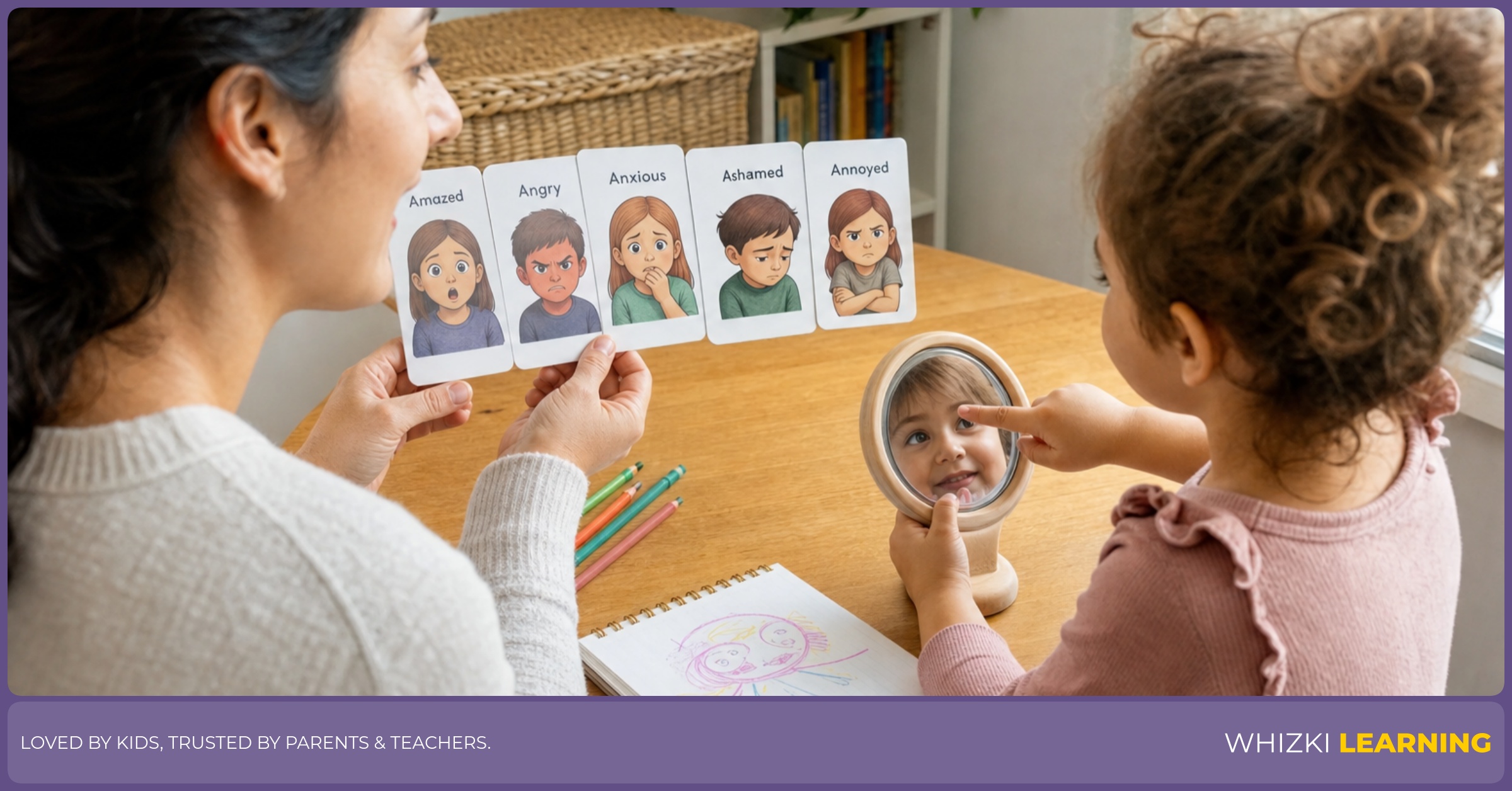 A parent and child use a small mirror and emotion cards to practice A feeling words at the kitchen table