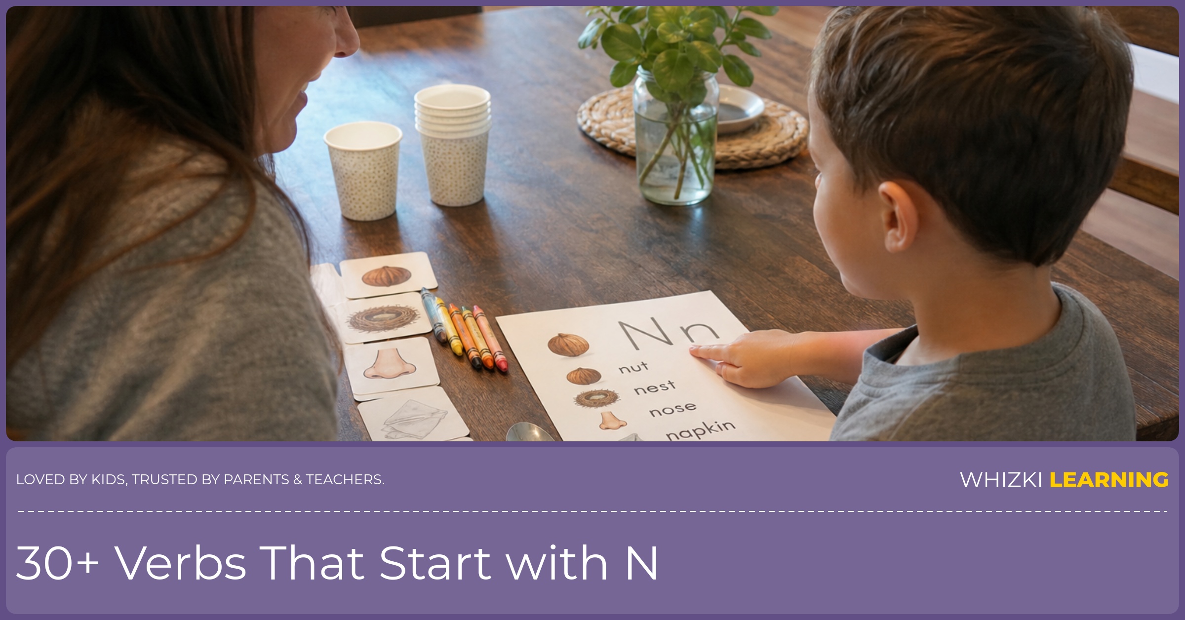 A caregiver and child use an N word printable with crayons and small kitchen objects at a table.