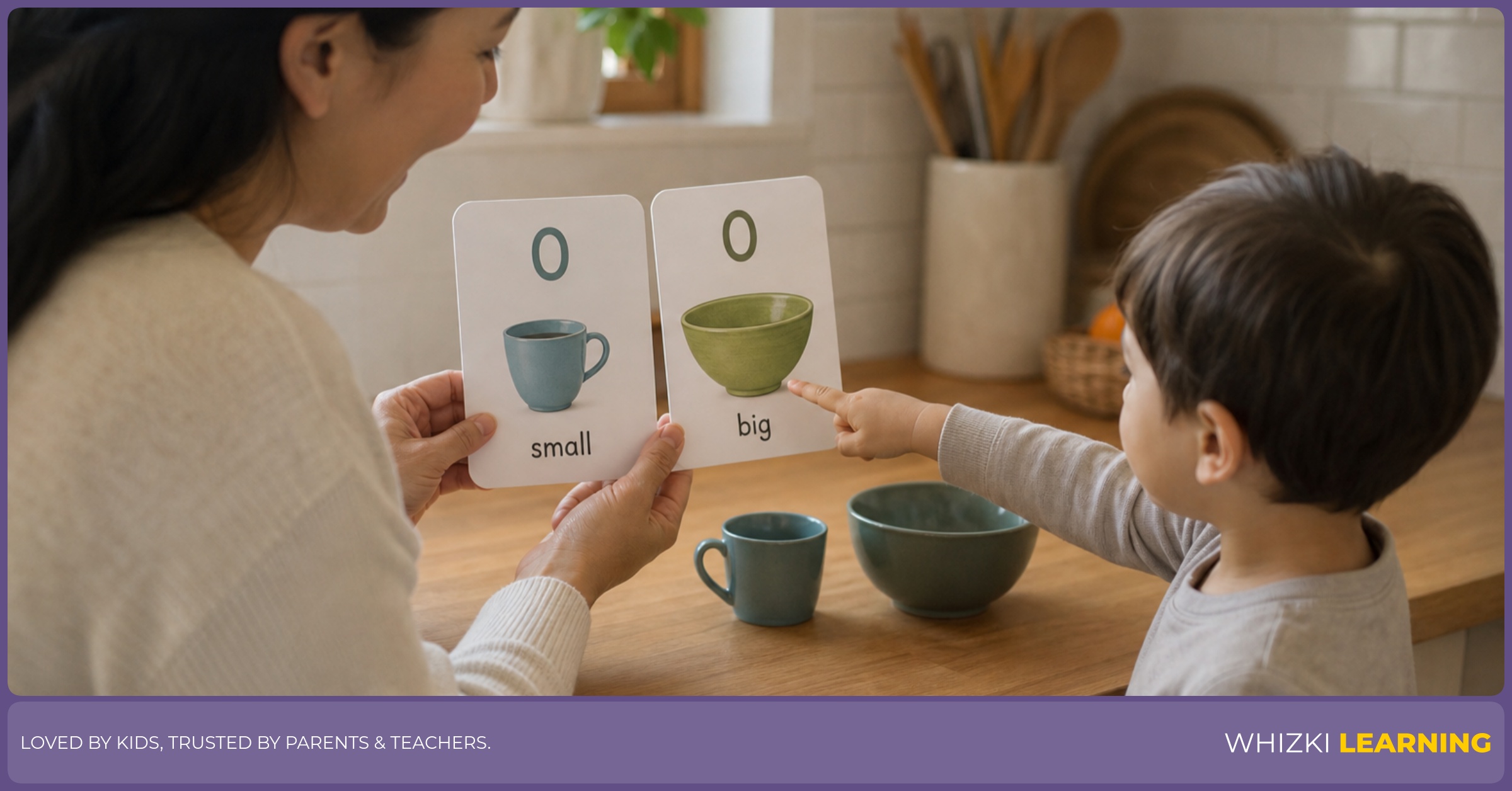 A parent holds letter O adjective cards while a child points to objects of different sizes, practicing describing words in a calm home setting