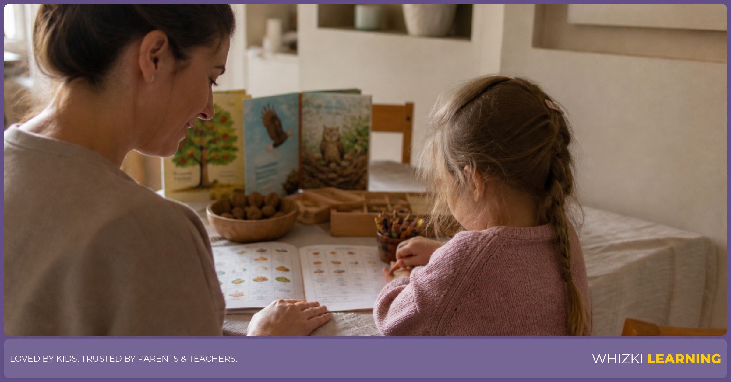 A parent and young child sit at a kitchen table choosing one next activity on a paper planner.