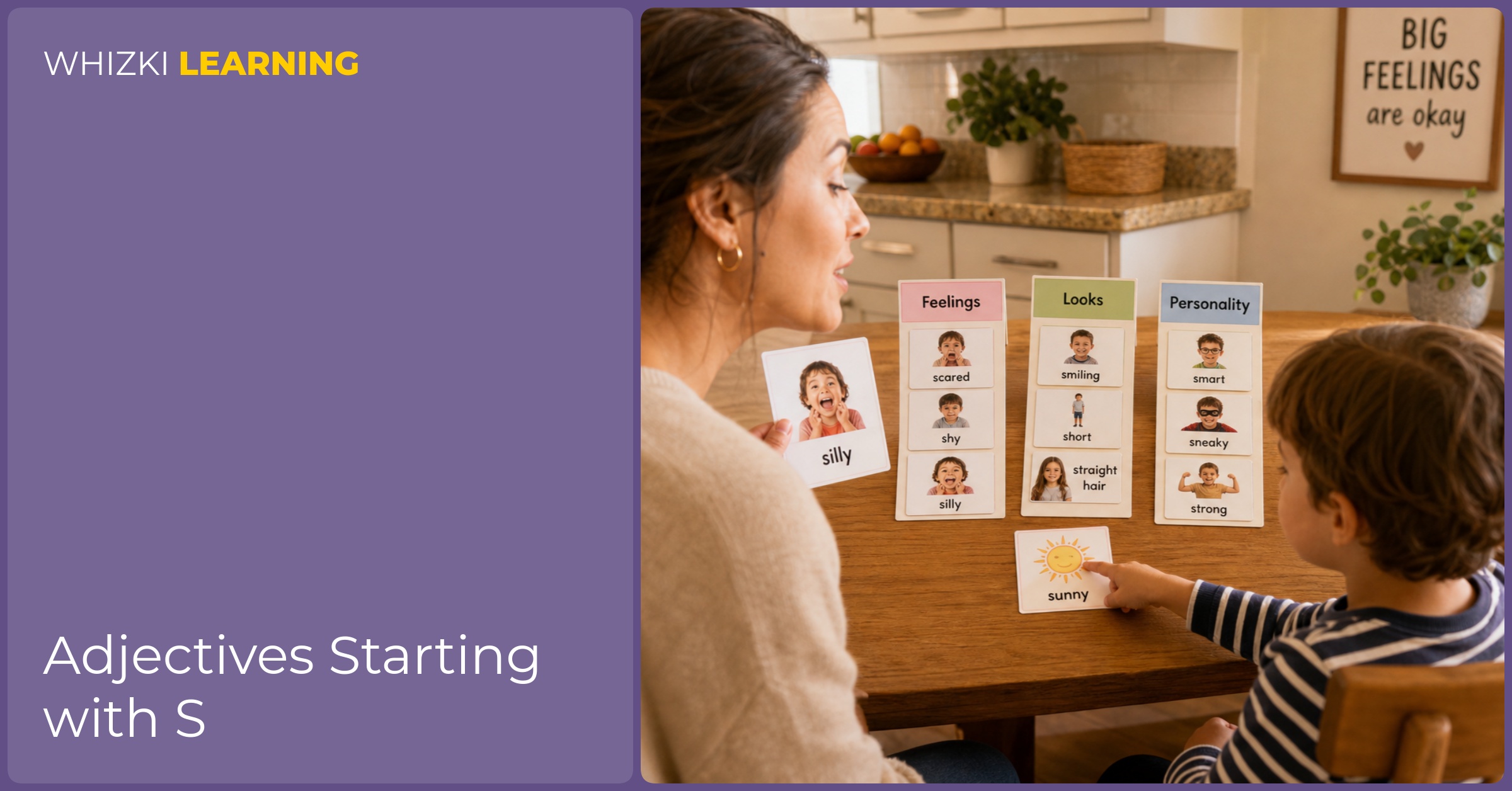 A parent and child at a kitchen table sorting S feeling words into three piles, with the child pointing to each card and the parent modeling the word