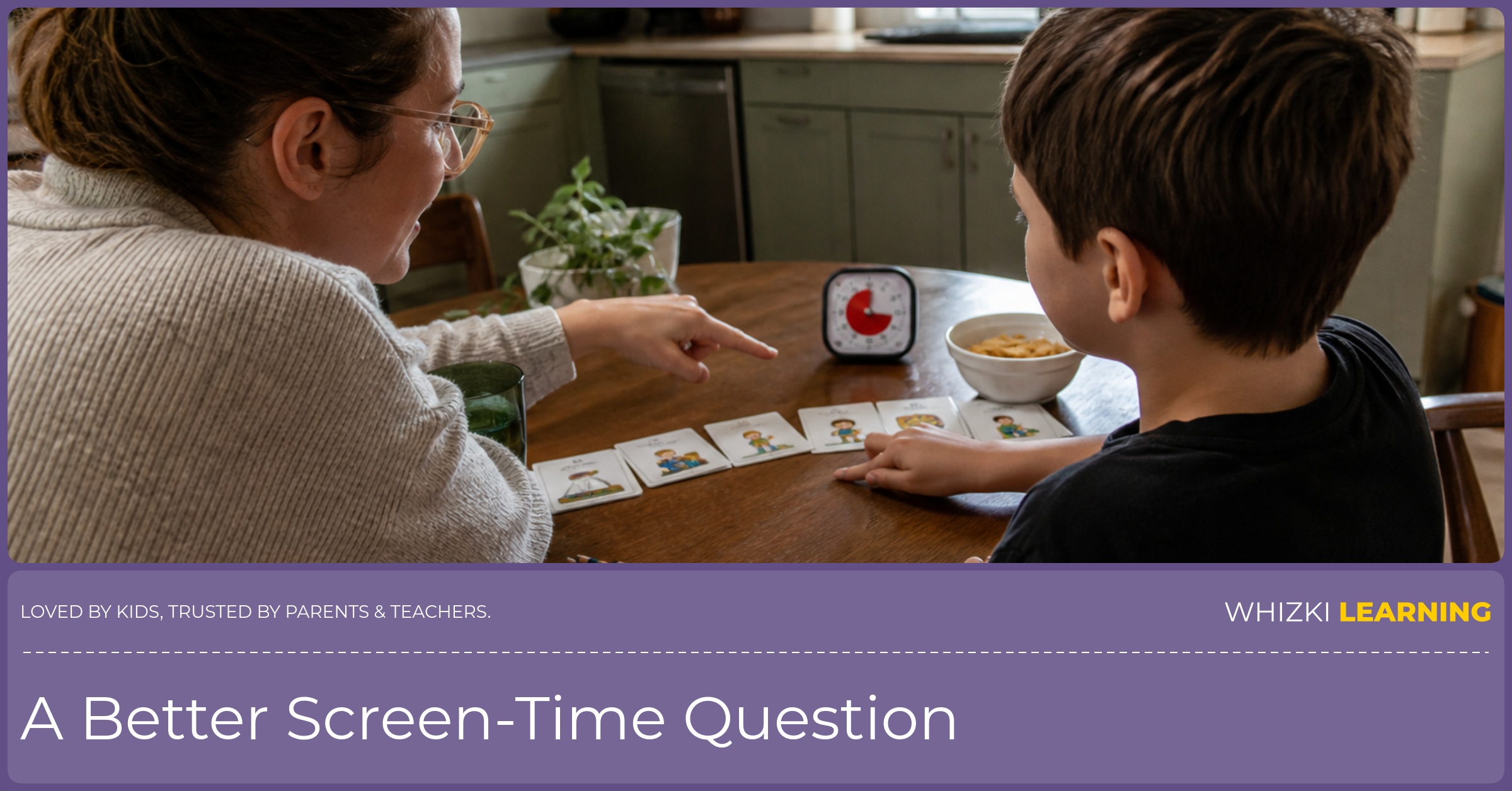 A caregiver and child sort simple picture cards at a kitchen table while planning a screen-time transition.