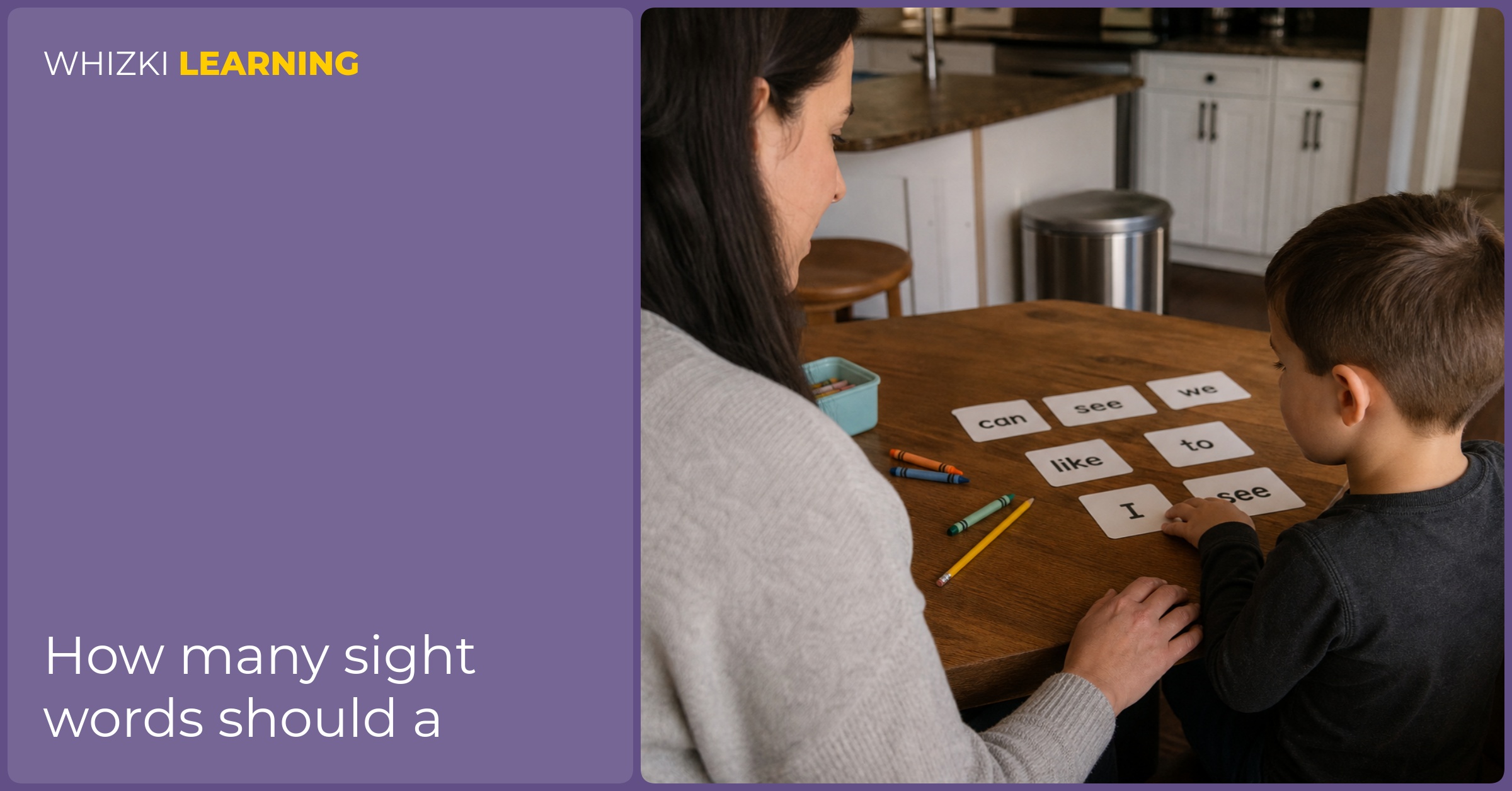 A parent sits beside a kindergartener at a kitchen table while the child reads a small set of paper sight-word cards.