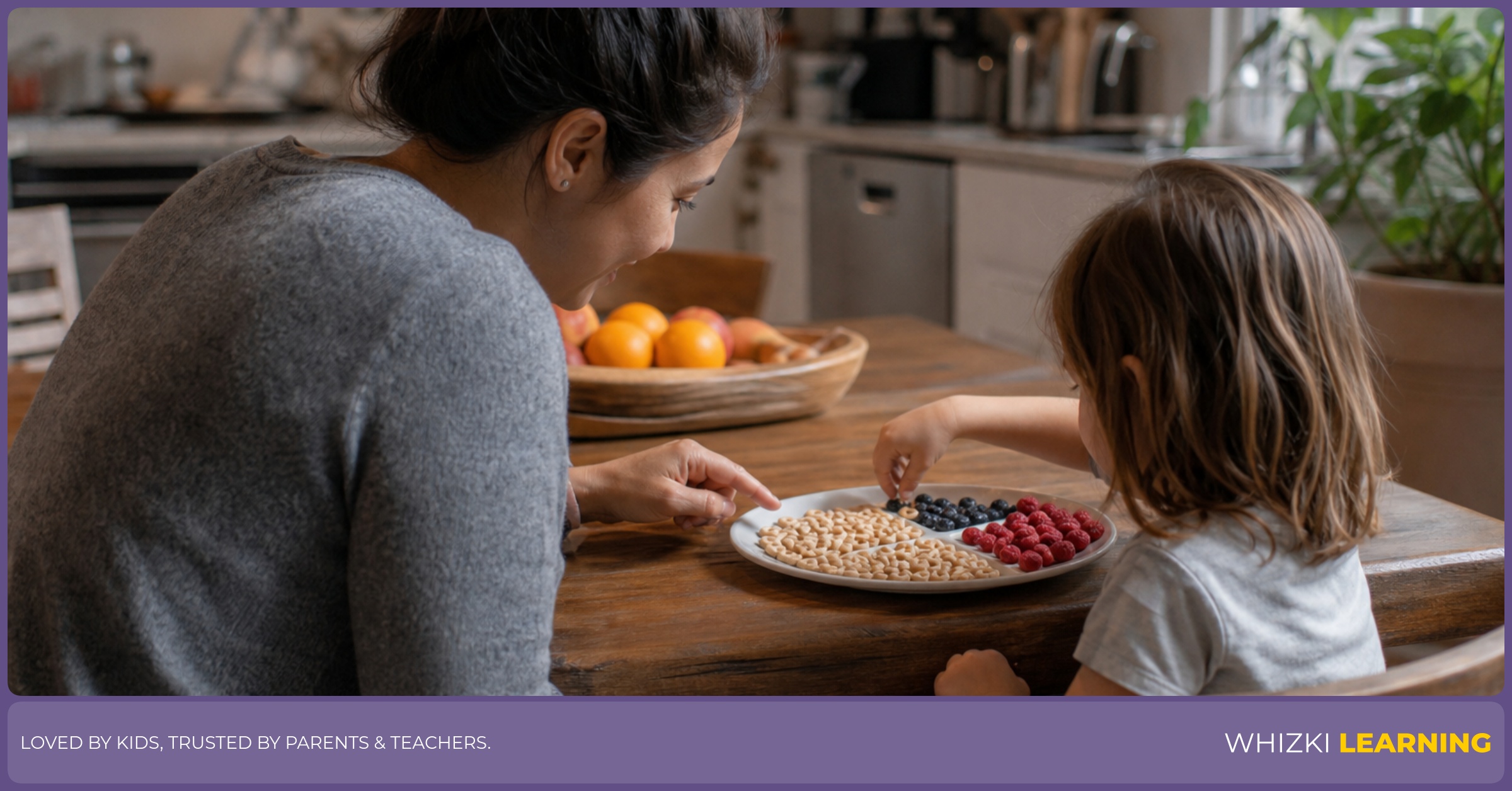 A parent and child sort cereal and berries into small groups on a kitchen table.