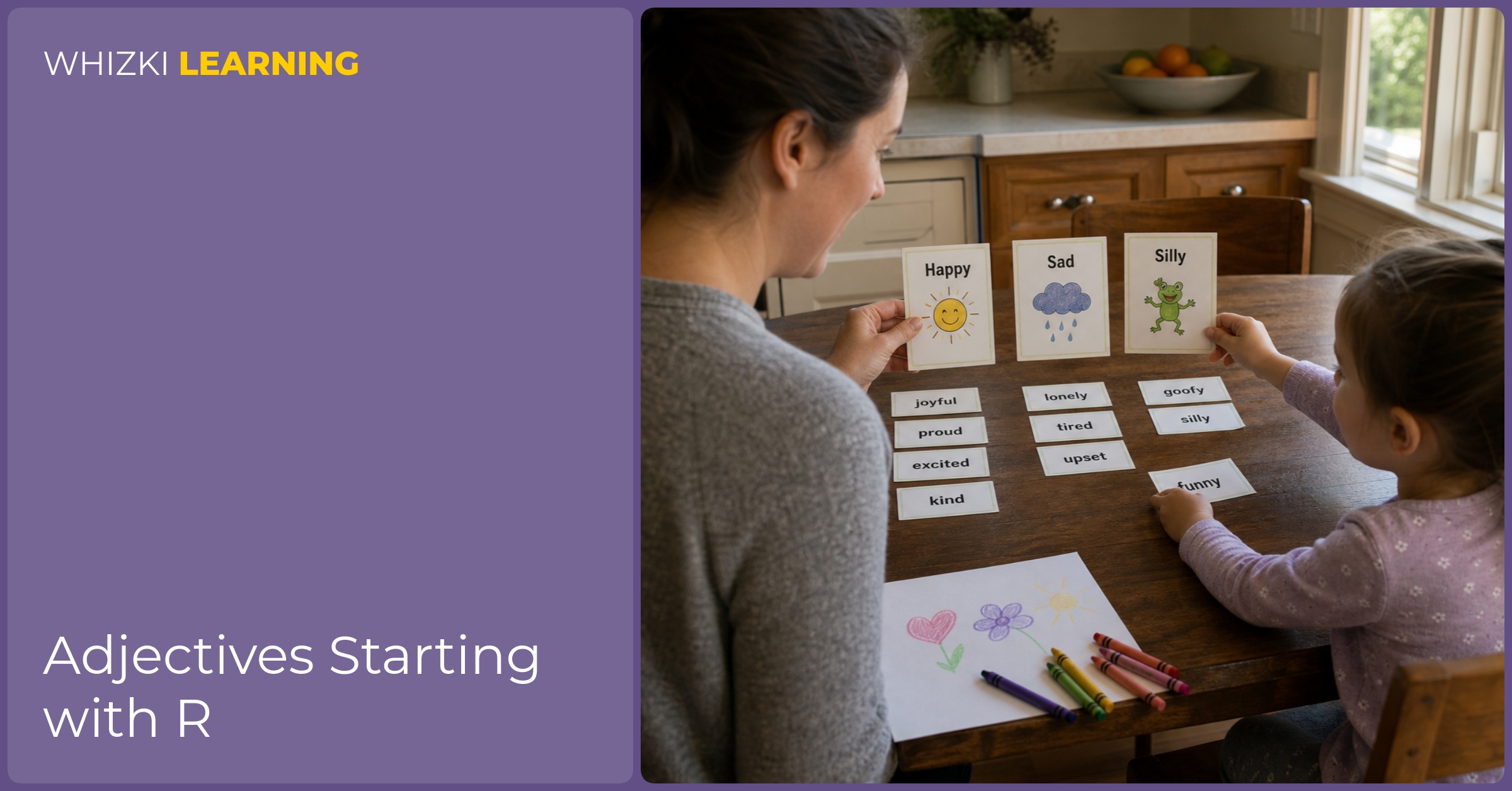A parent and child at a kitchen table sorting R adjective cards into three piles while the child points and the adult models calm describing words