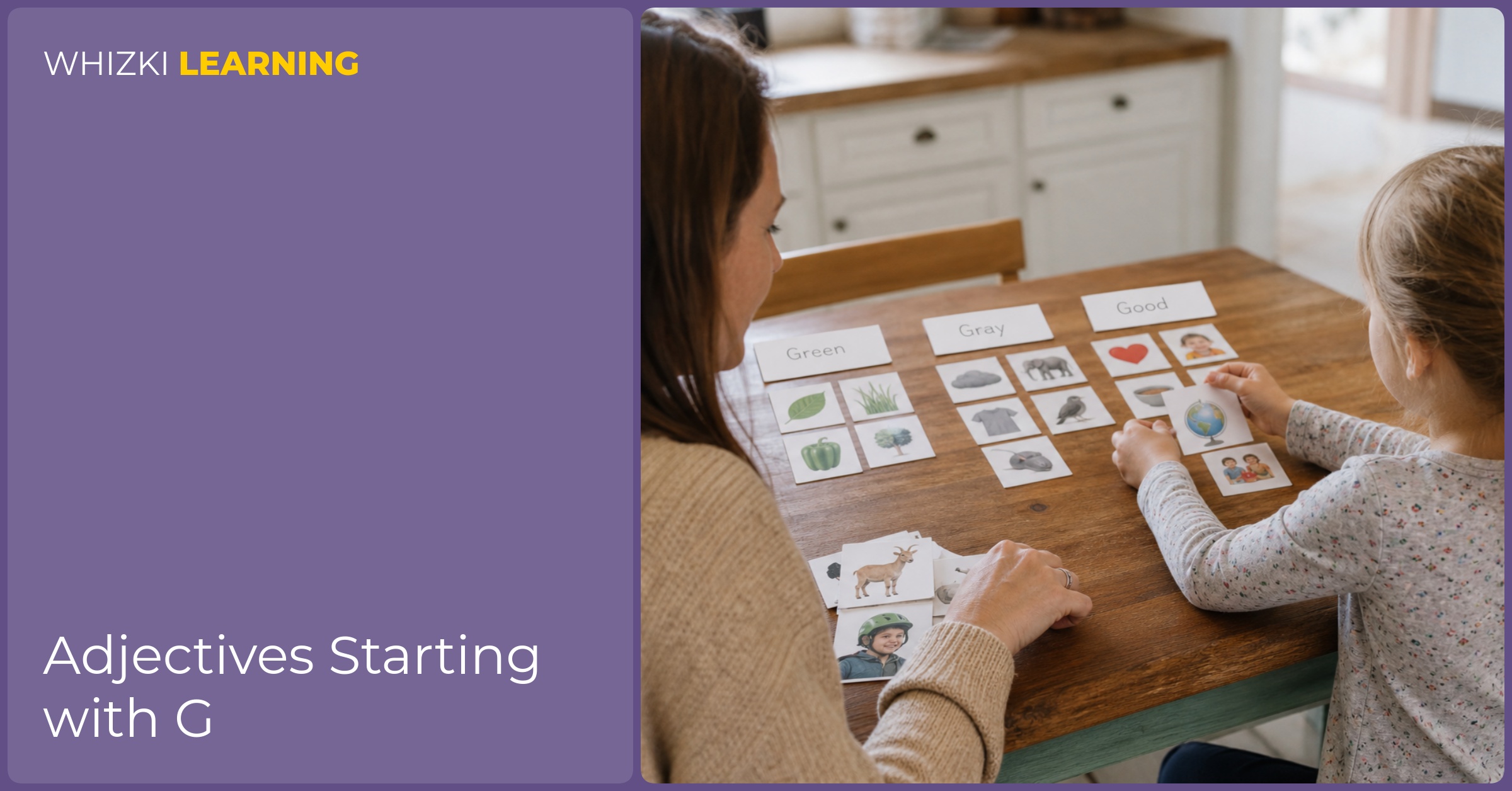 Parent and child at a kitchen table sorting G adjective cards into three piles, with fingers on the paper and a calm focused smile