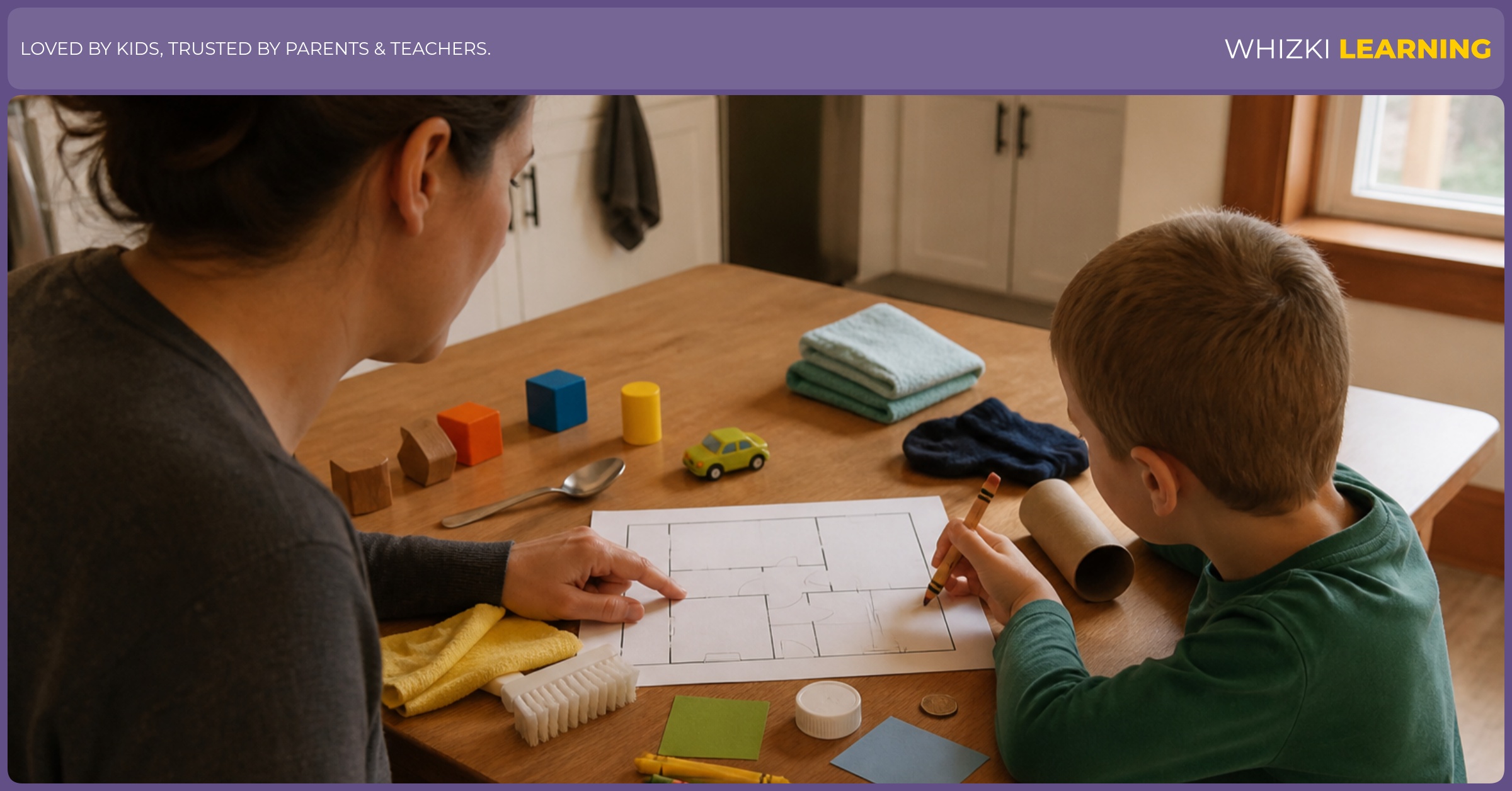 A caregiver and child compare sorting objects and a simple map worksheet at a warm kitchen table.