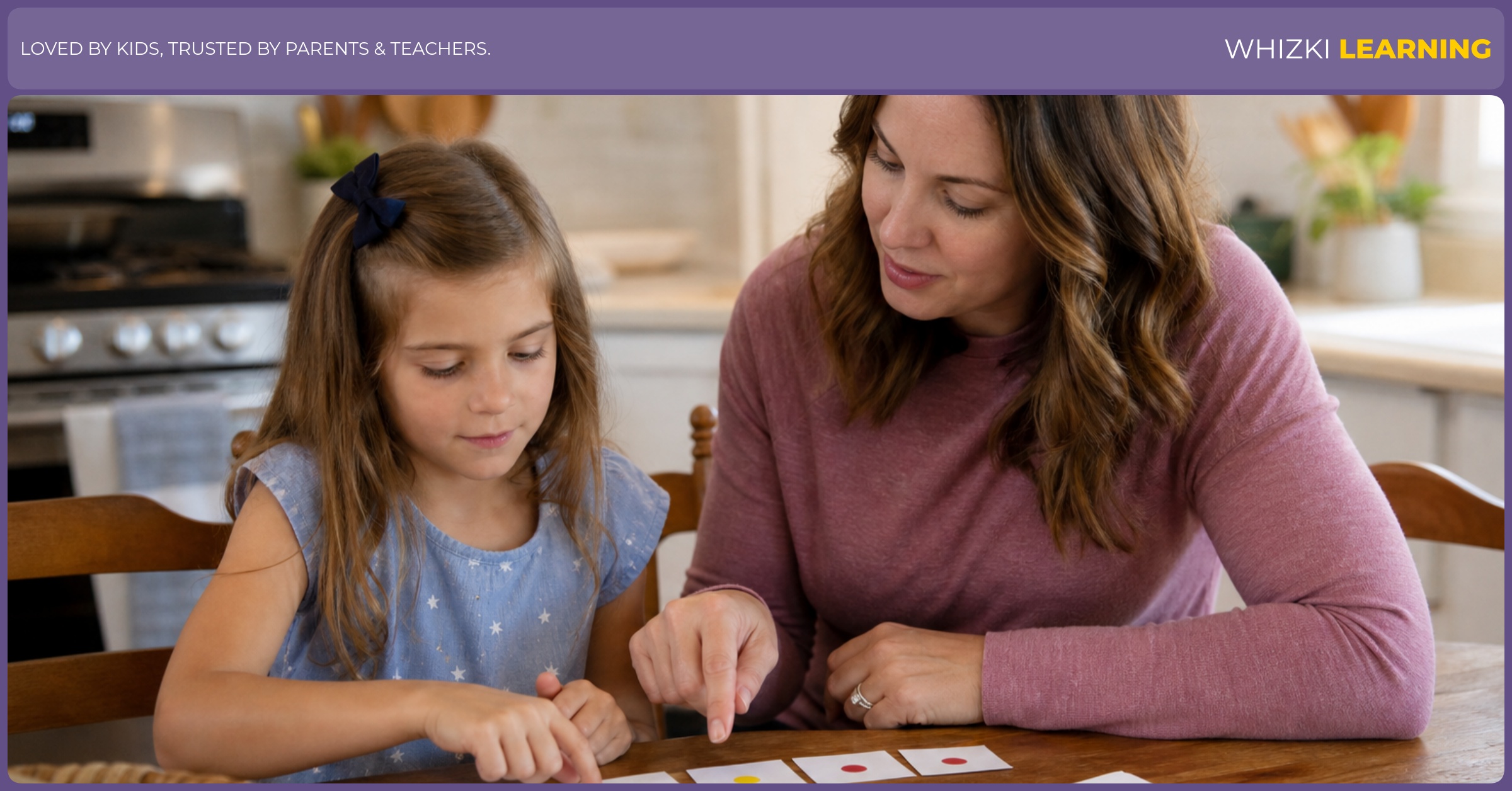 A parent and child sit at a kitchen table with counters and paper, tapping out the sounds in simple words as part of phonemic awareness practice.